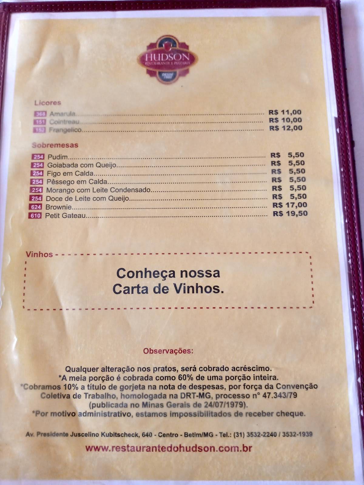 Hudson Restaurante e Pizzaria cardápio