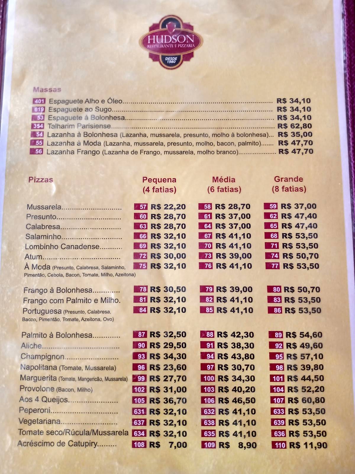 Hudson Restaurante e Pizzaria cardápio