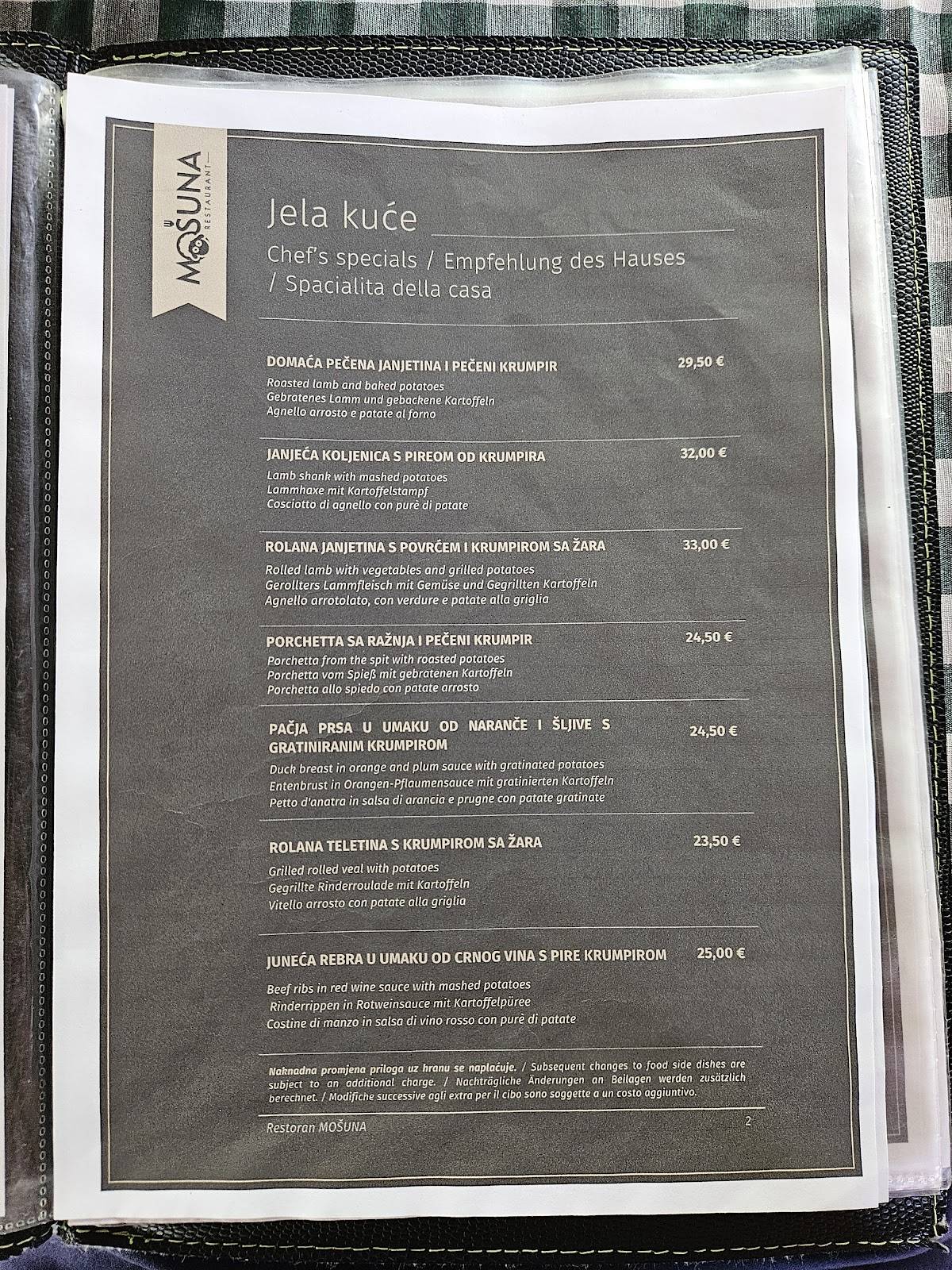 Menu di Restoran Mošuna 