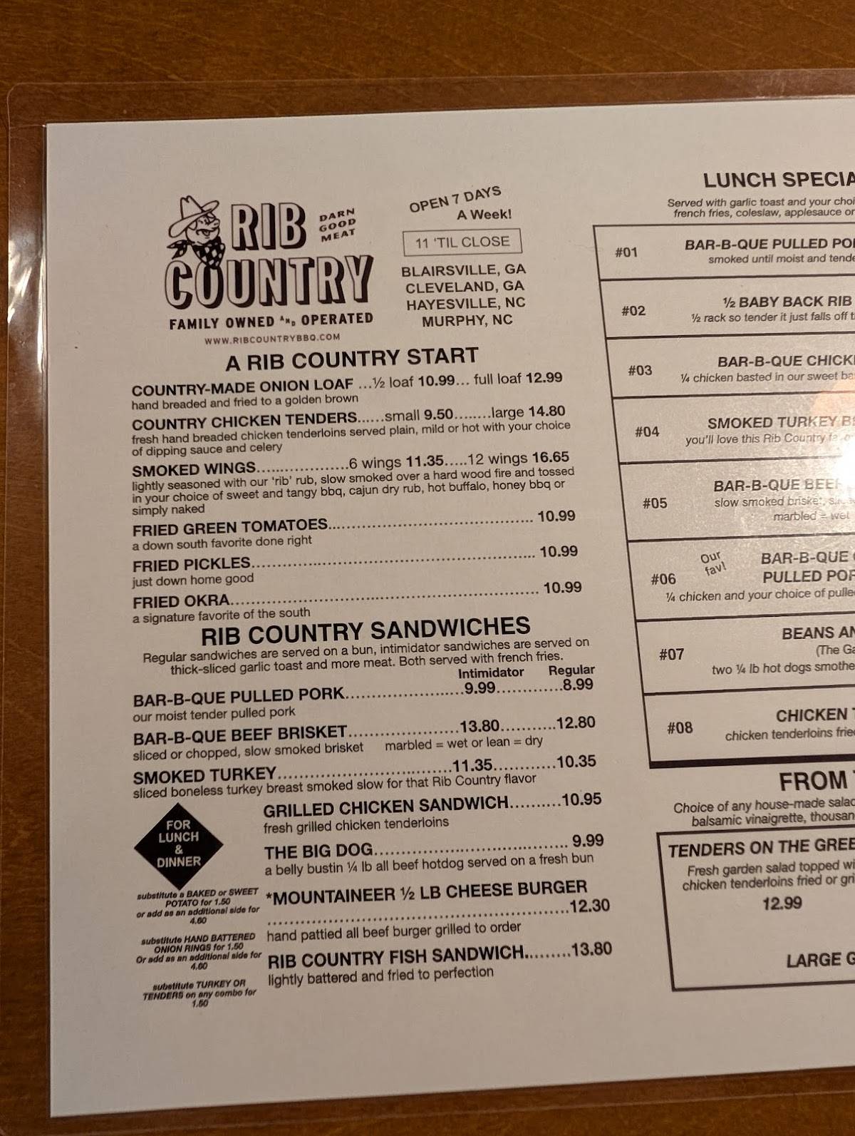 Menu at Rib Country BBQ (Blairsville, GA), Blairsville
