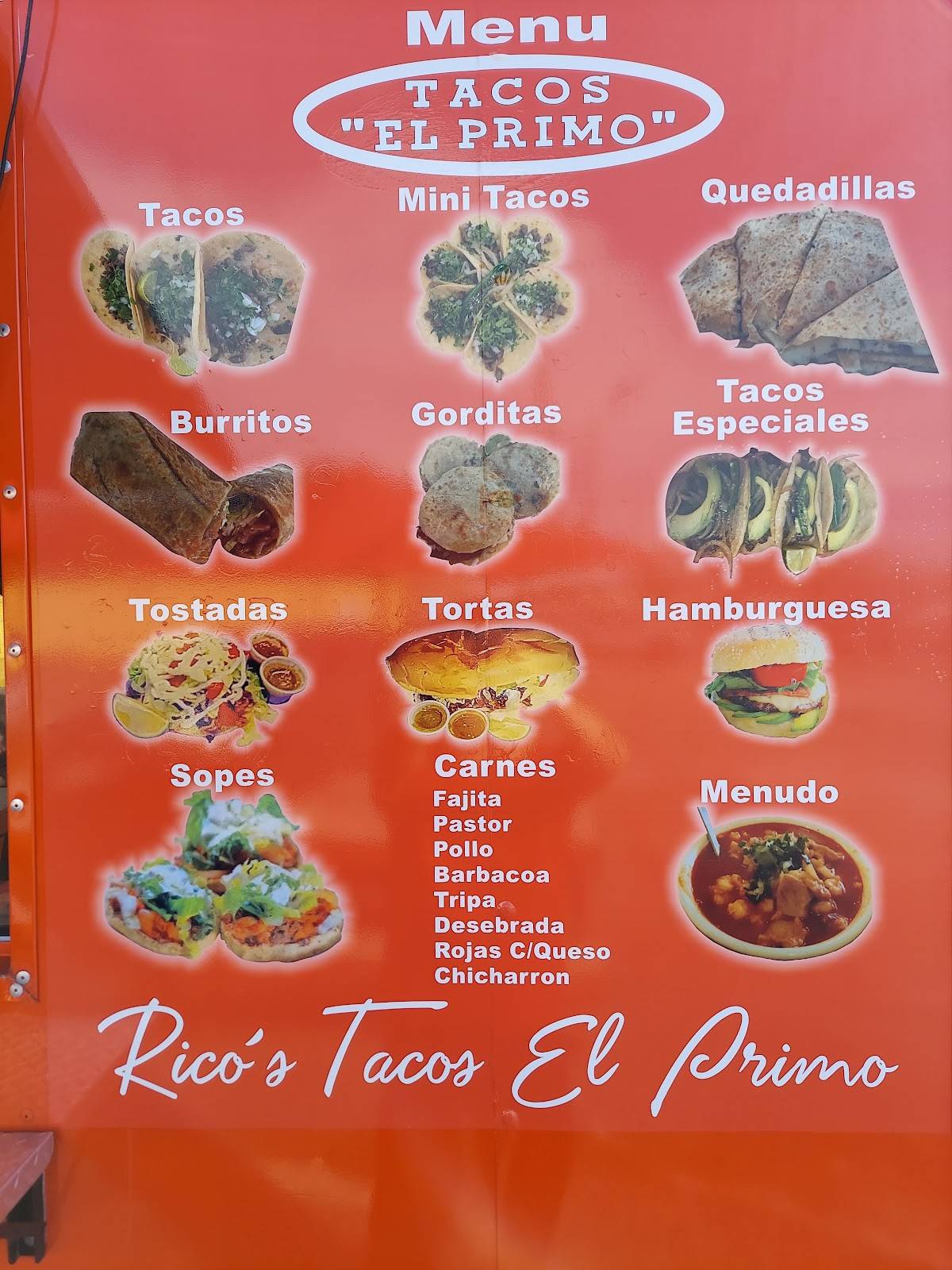 Menu at Rico’s Tacos el primo restaurant, Hitchcock, 7127 Hwy 6