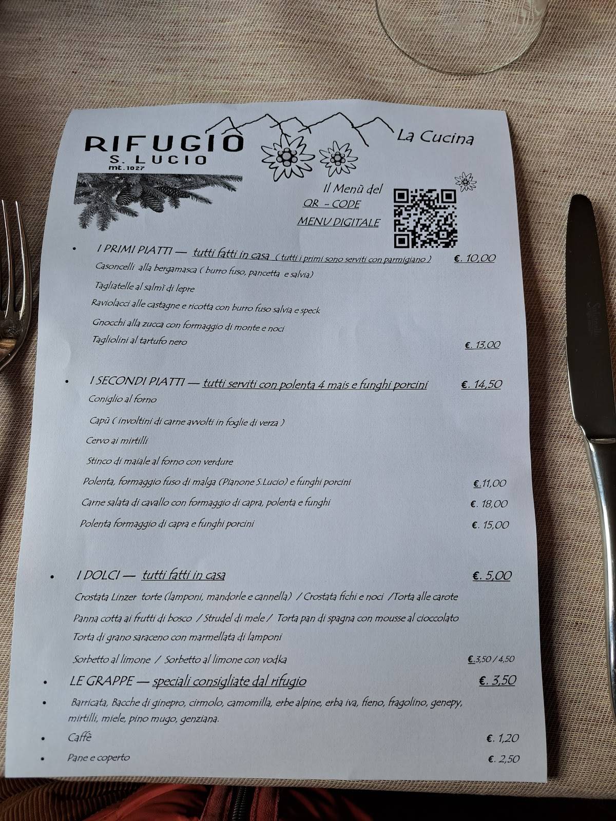 Menu di Rifugio San Lucio 