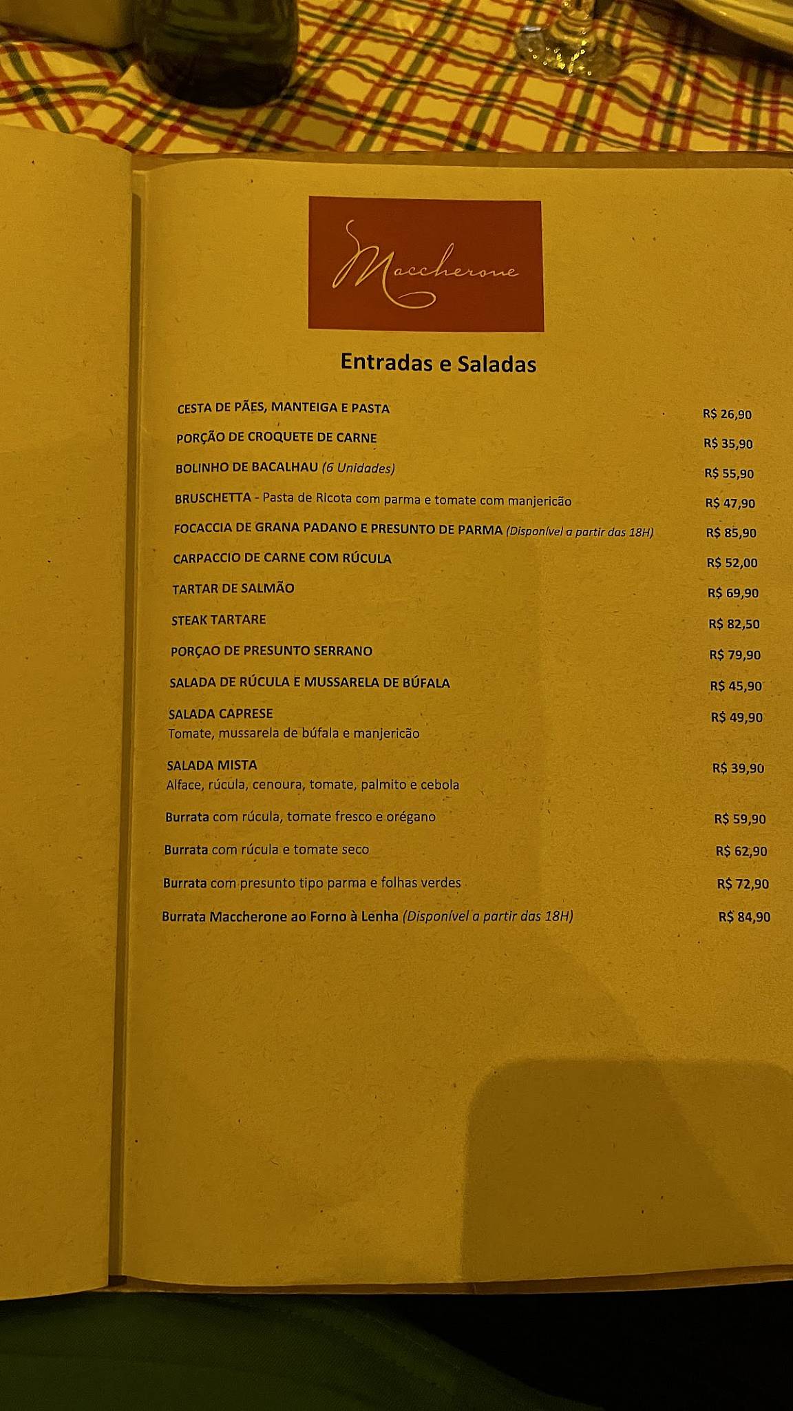 Maccherone Barra da Tijuca cardápio