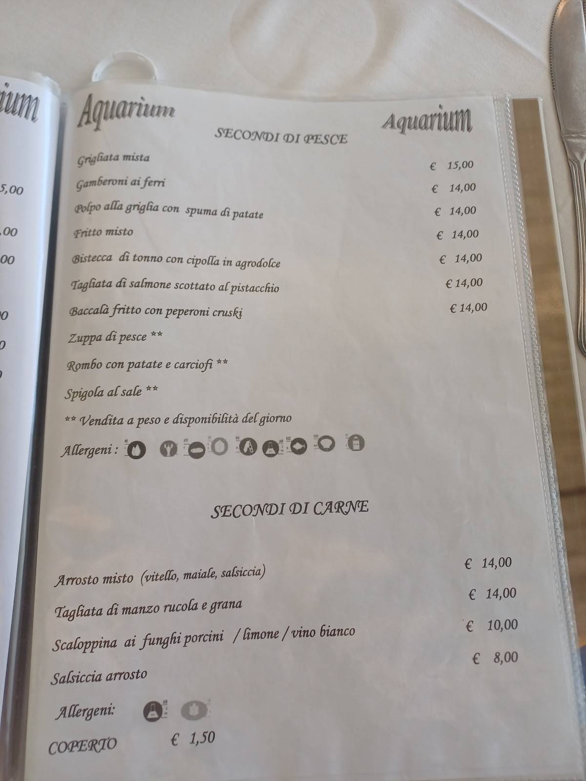 Menu di Ristorante Aquarium 