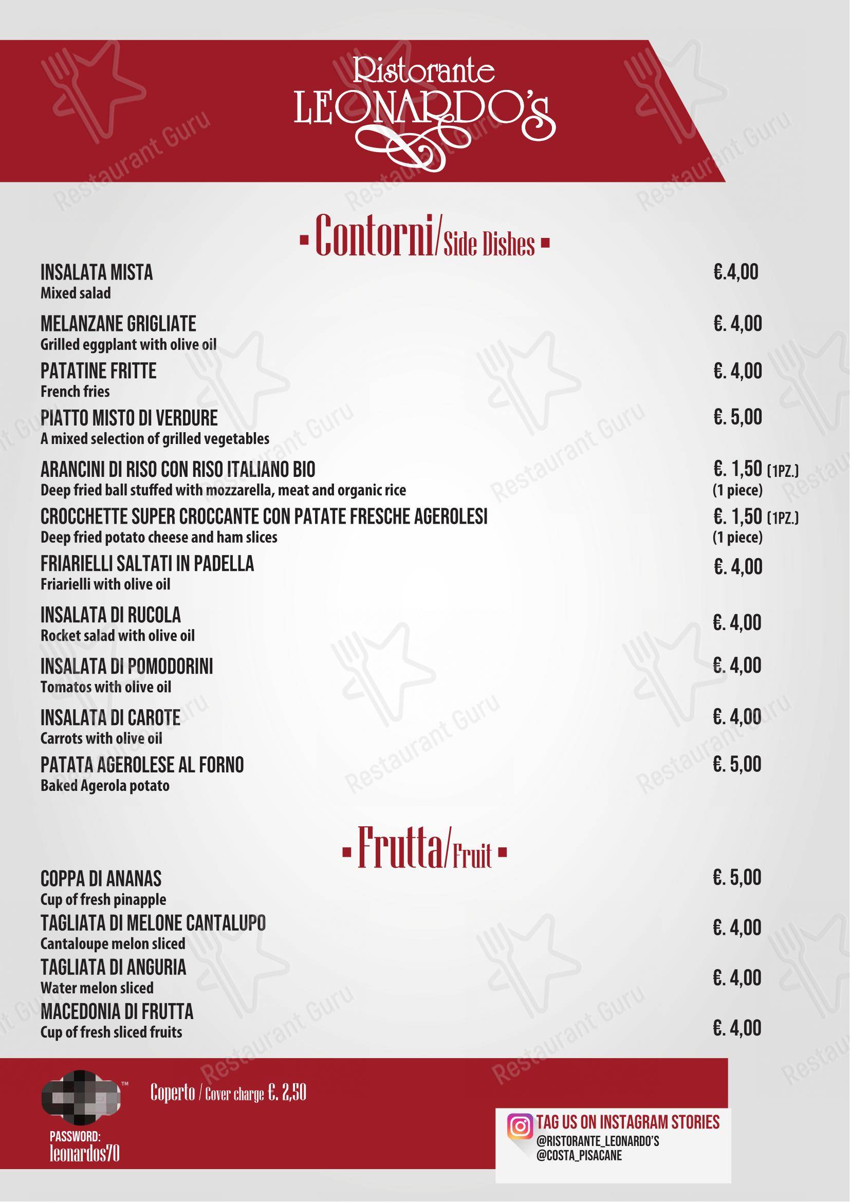 Ristorante Leonardo's in Pianillo - Menu