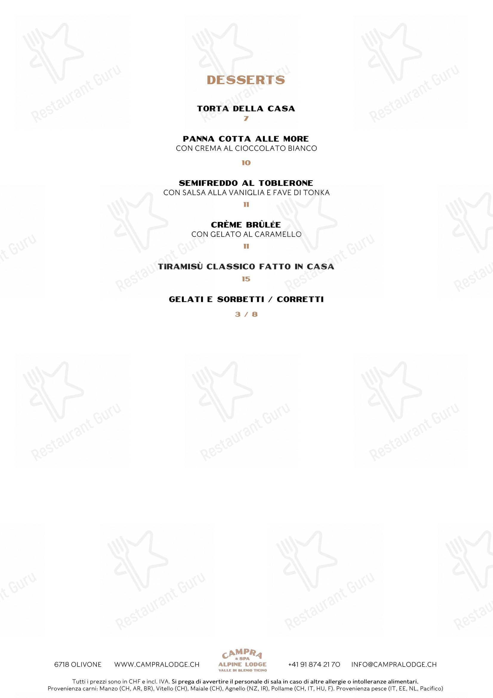 Menu di Ristorante Campra Il Ritrovo - Menu bar
