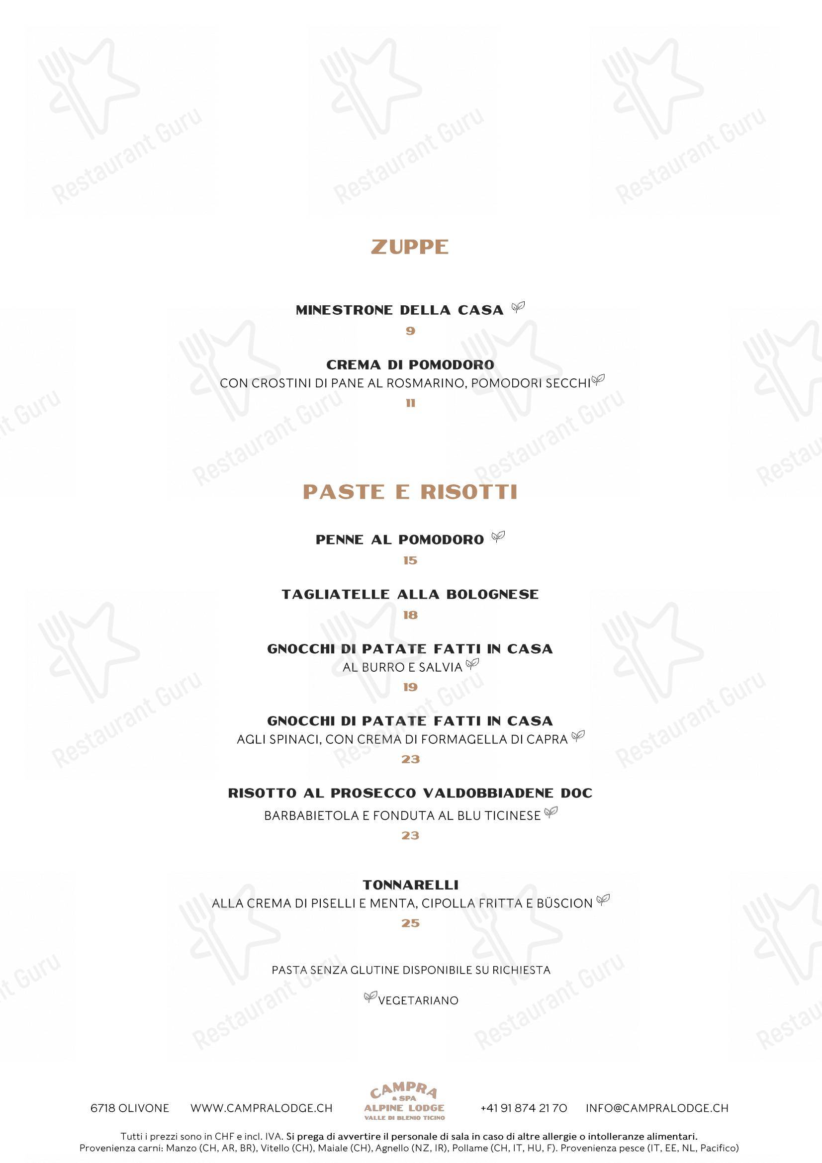Ristorante Campra Il Ritrovo in Blenio - Основное меню