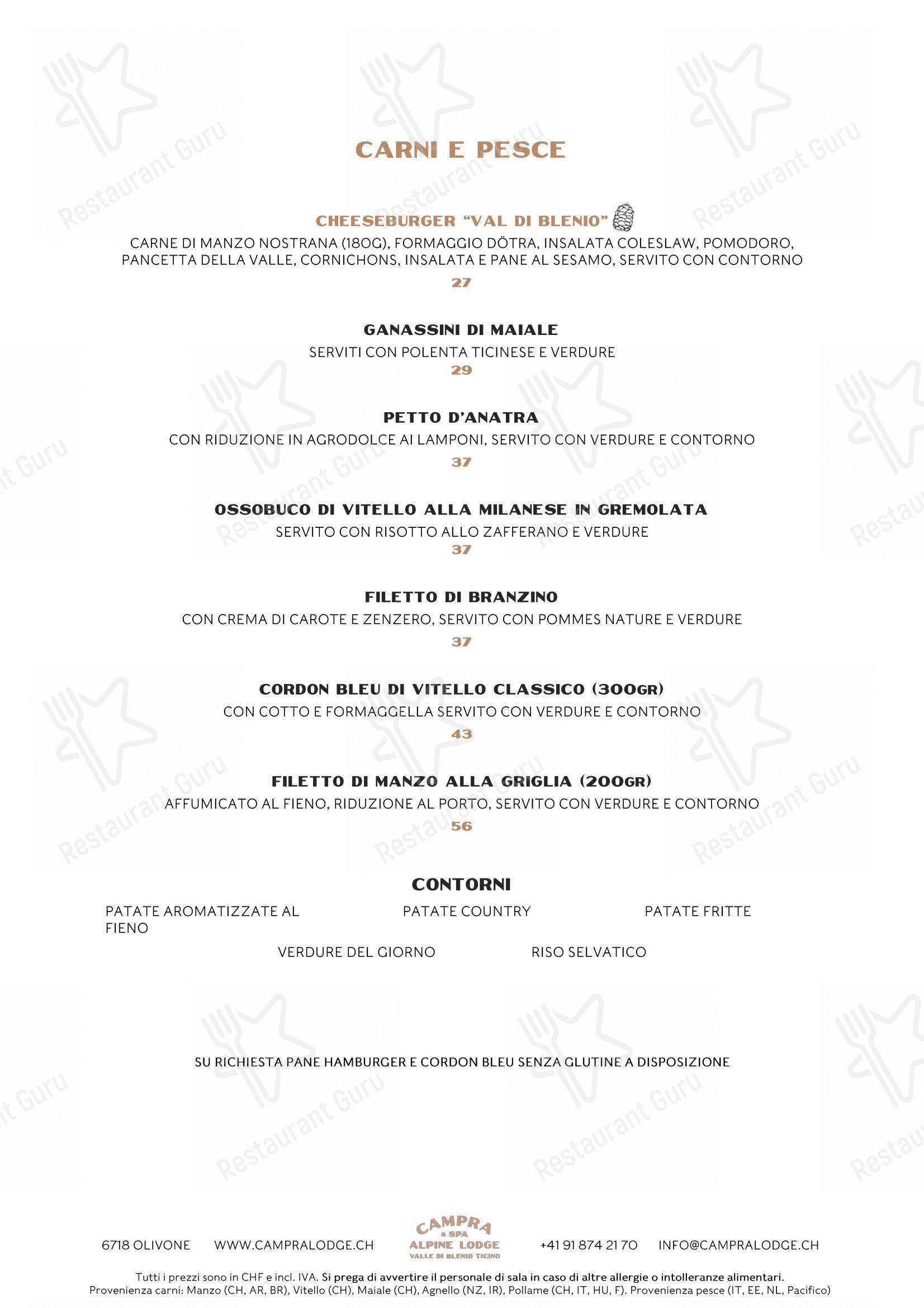 Ristorante Campra Il Ritrovo in Blenio - Основное меню