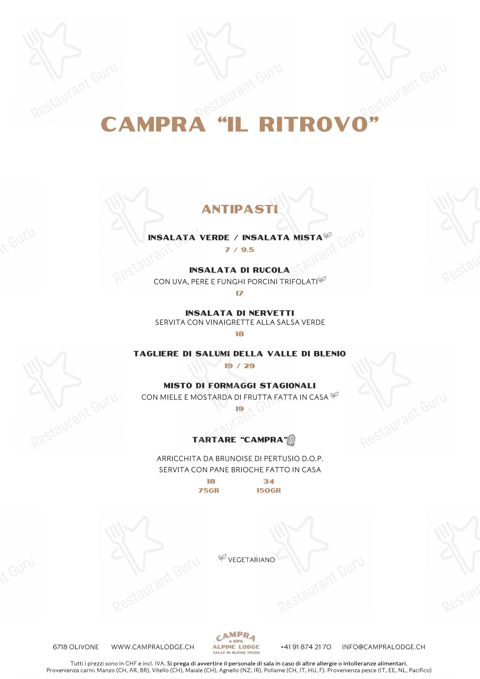Ristorante Campra Il Ritrovo in Blenio - Menu bar