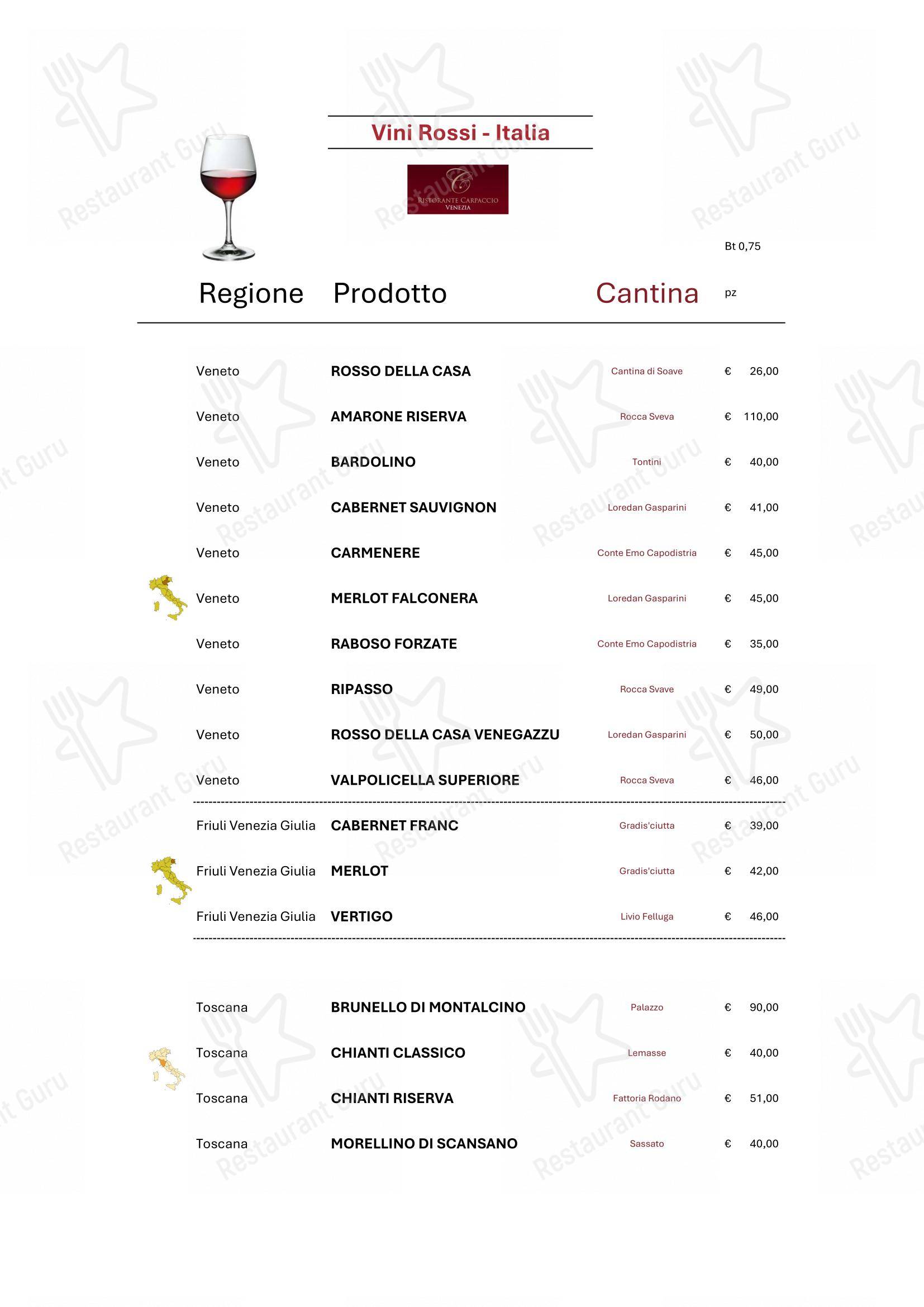 Menu bar per Ristorante Carpaccio Venezia in Venezia