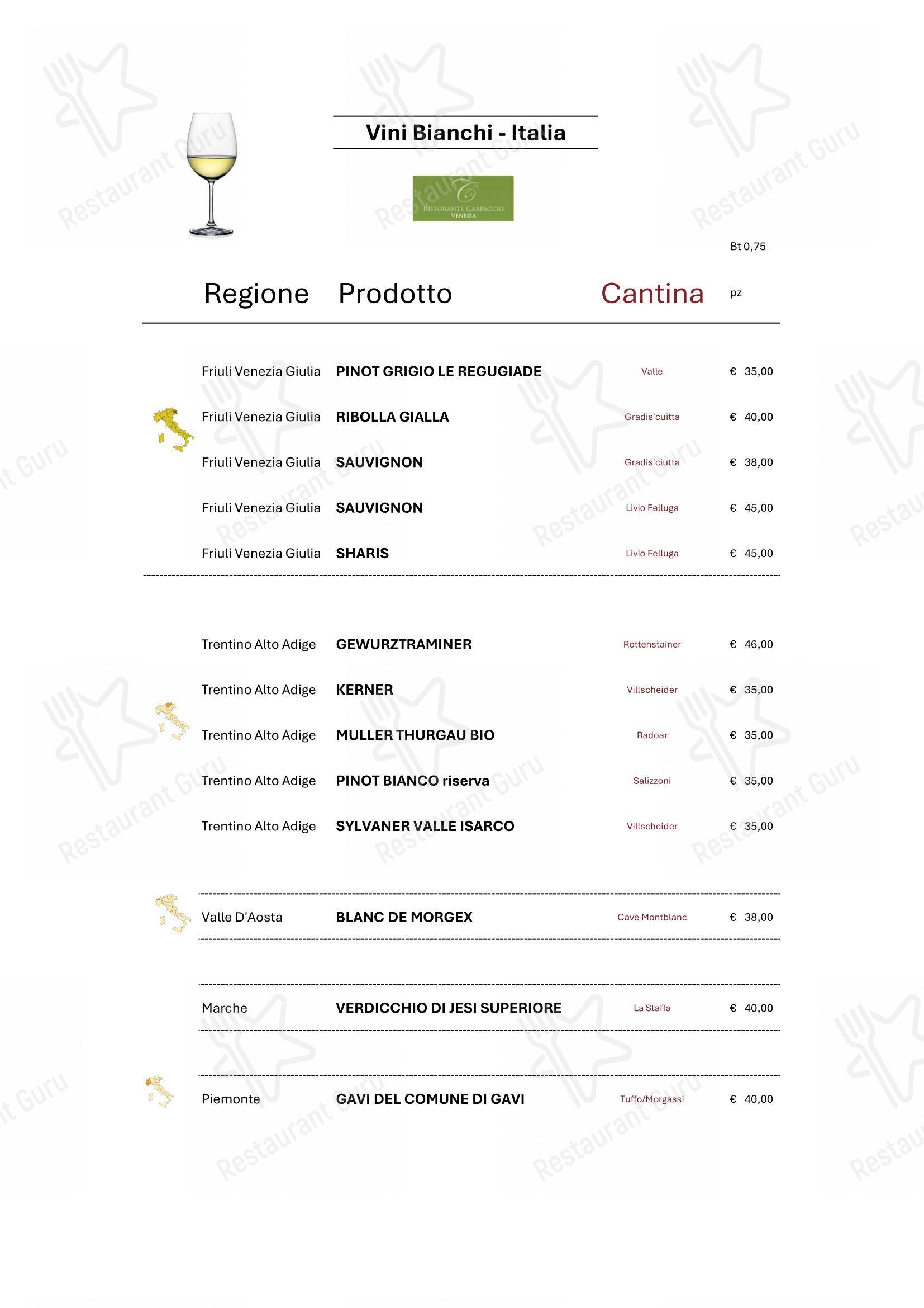 Menu bar per Ristorante Carpaccio Venezia ristorante
