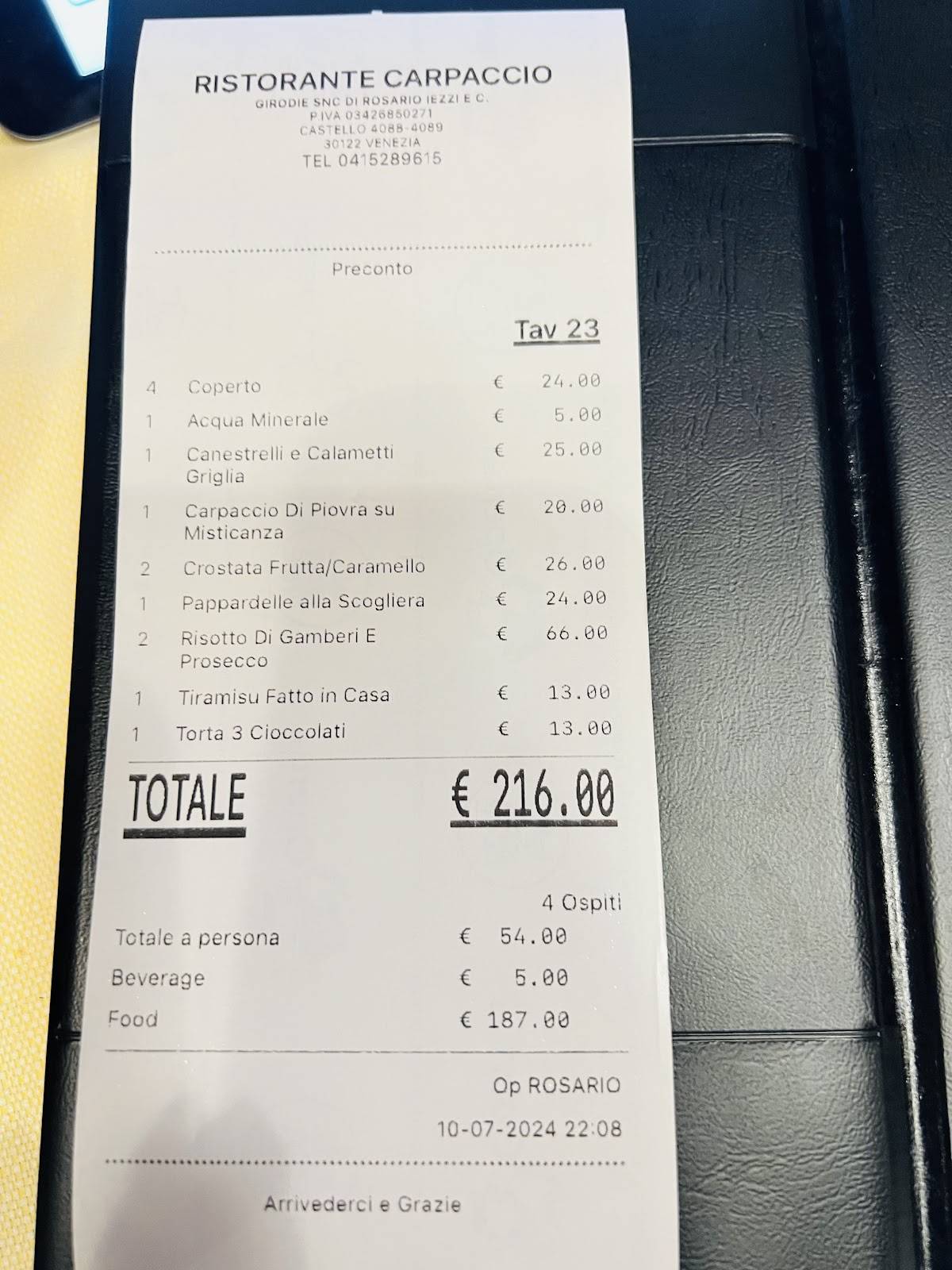 Menu di Ristorante Carpaccio Venezia 