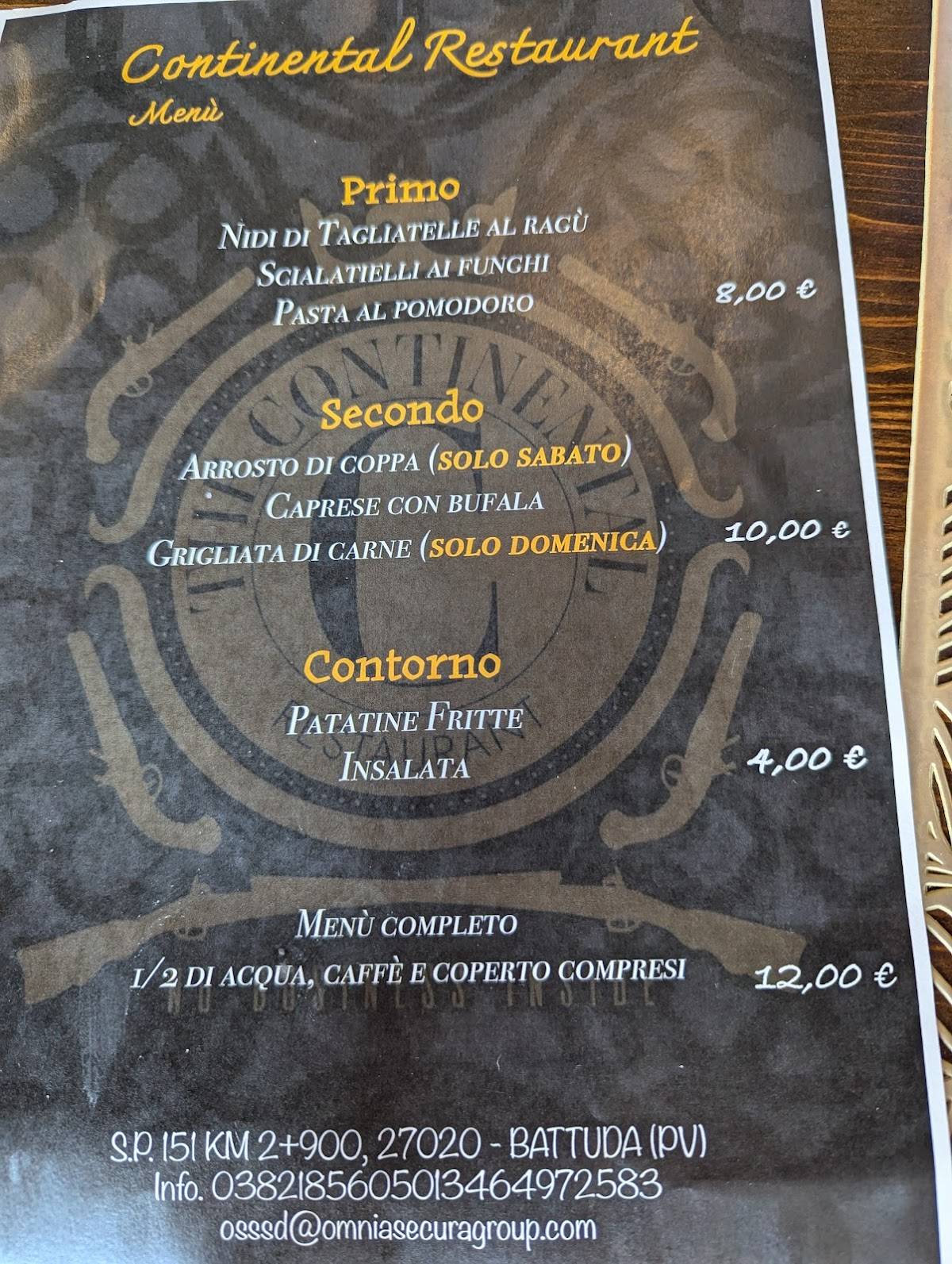 Menu di Ristorante Continental 