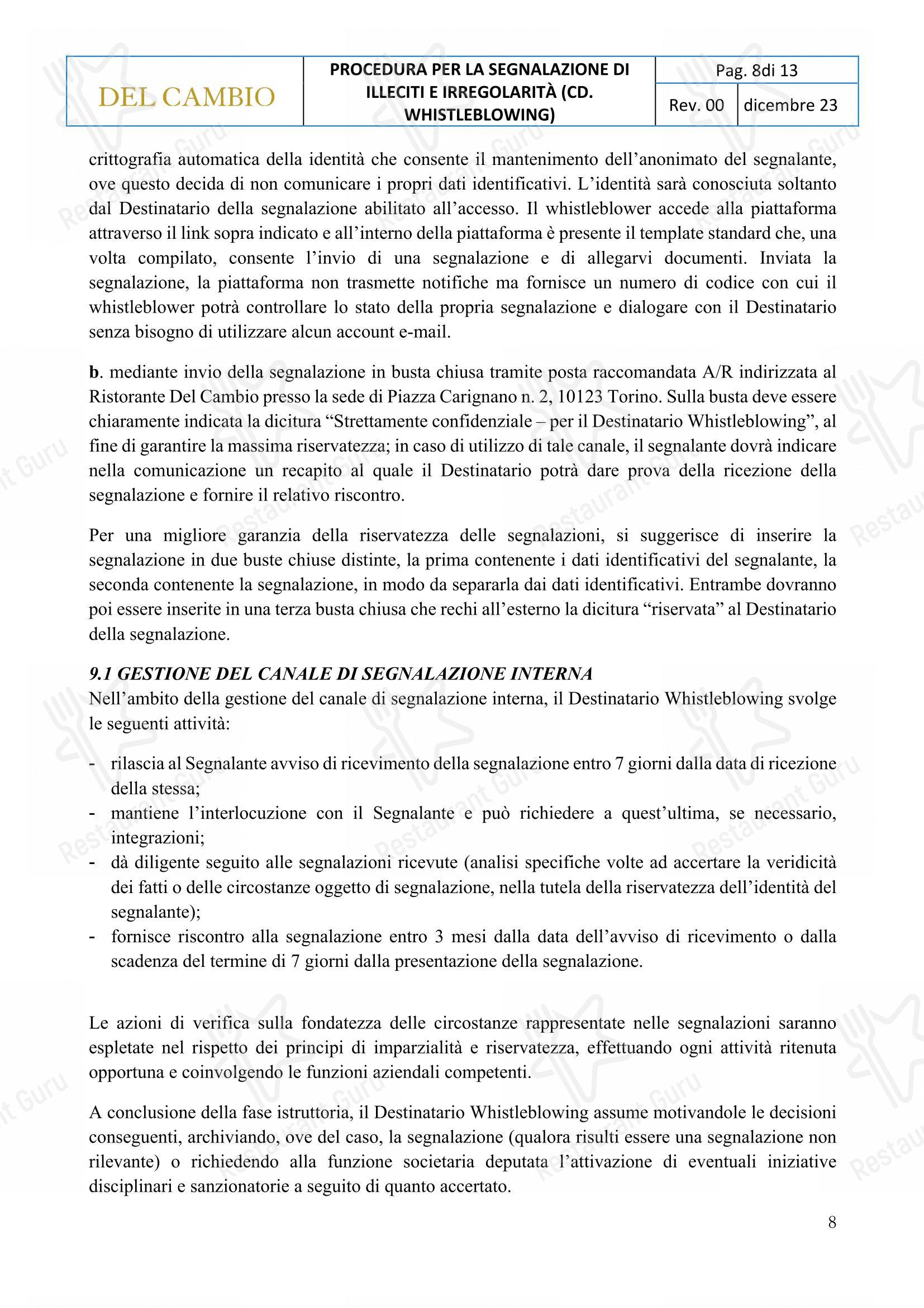 Menu di Ristorante Del Cambio - Menu