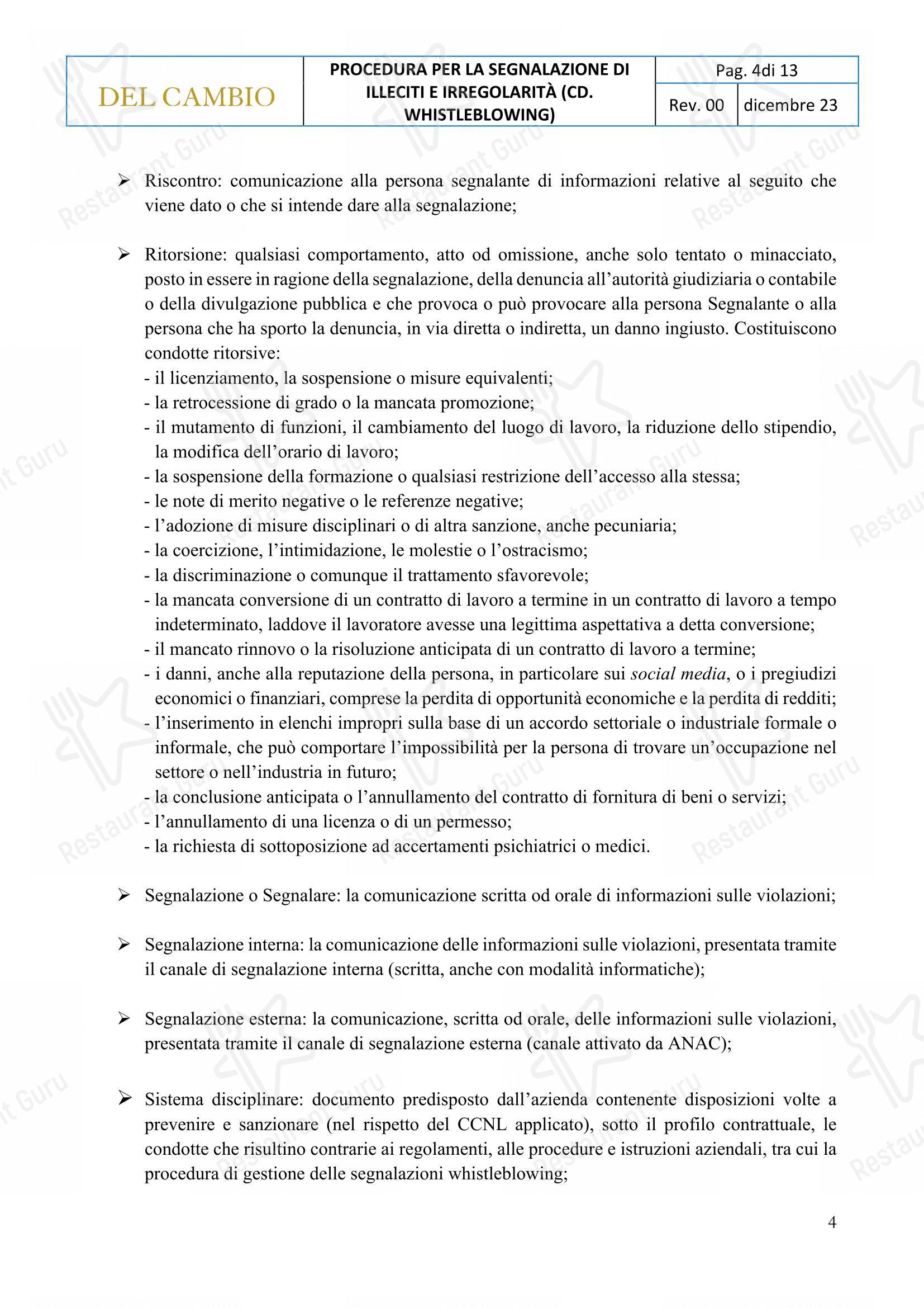 Menu per Ristorante Del Cambio ristorante