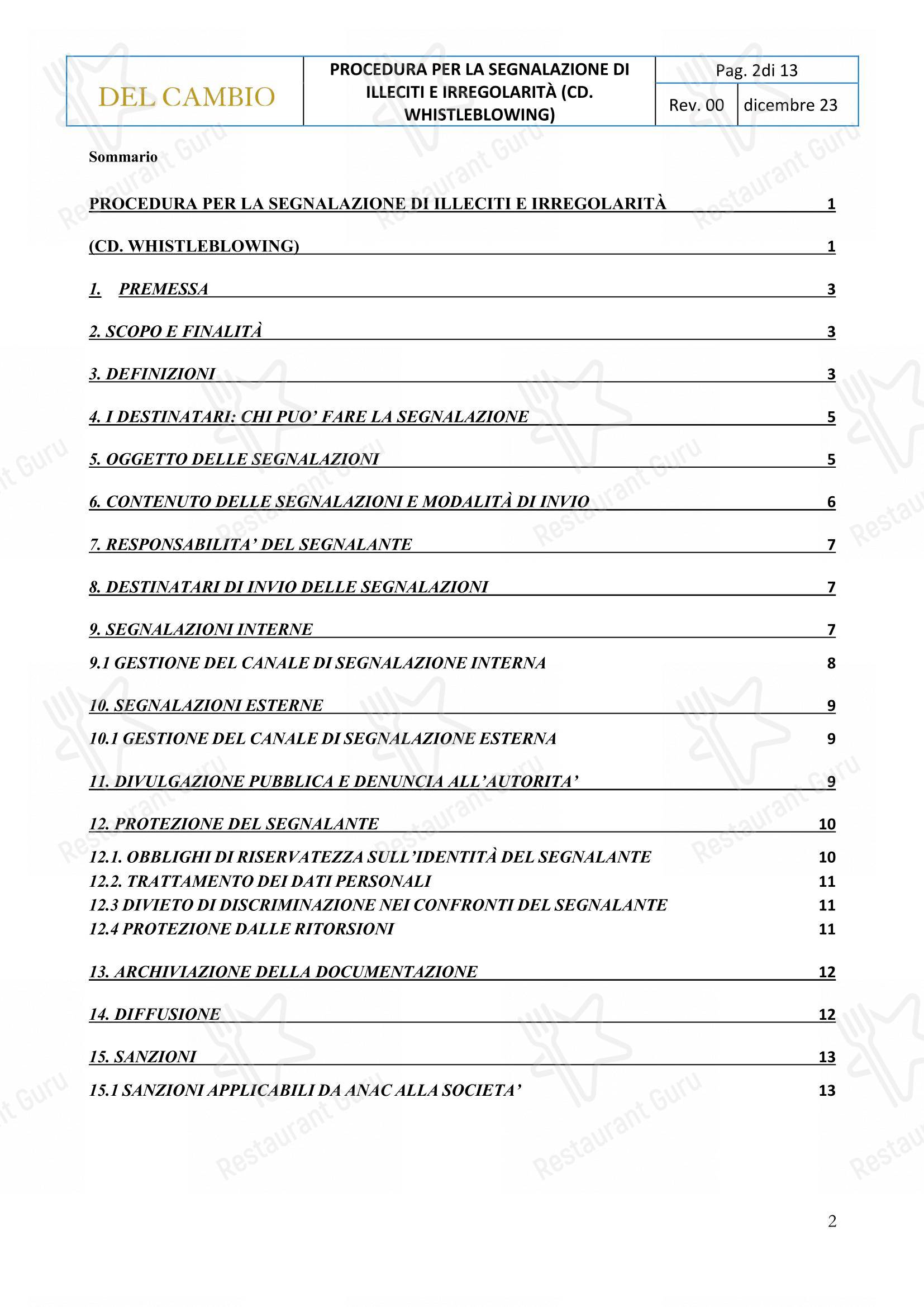 Menu per Ristorante Del Cambio in Torino
