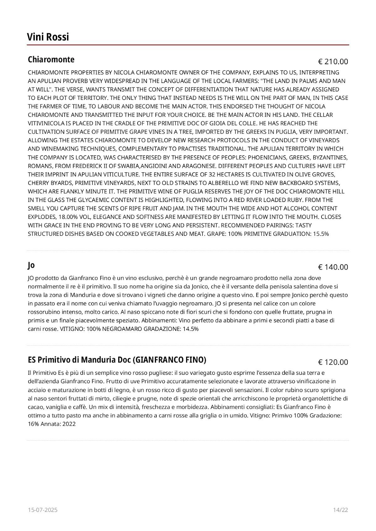 Menu di Fidelio 
