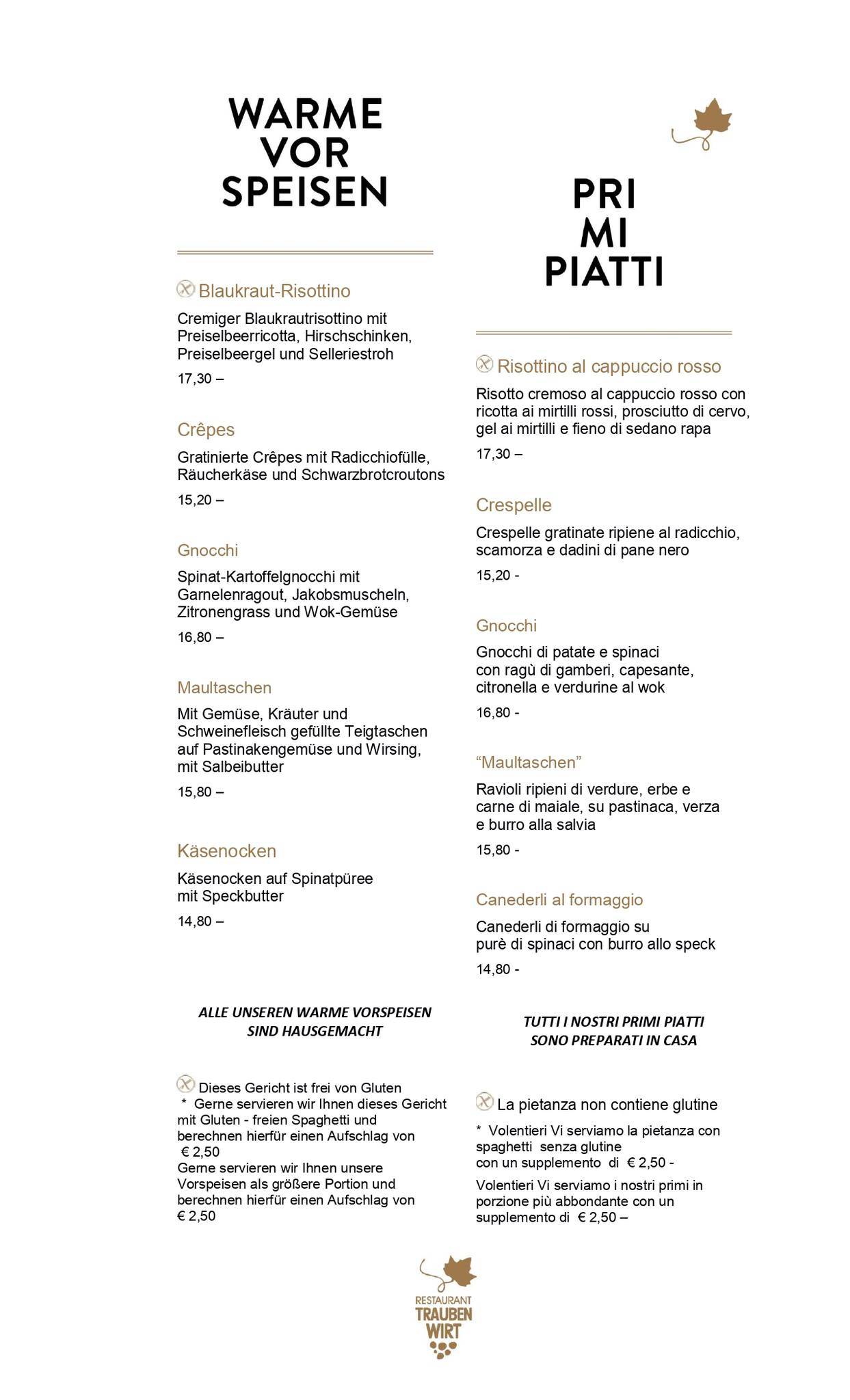 Menu di Ristorante In Die Traube Di Weissensteiner Roman & C. 