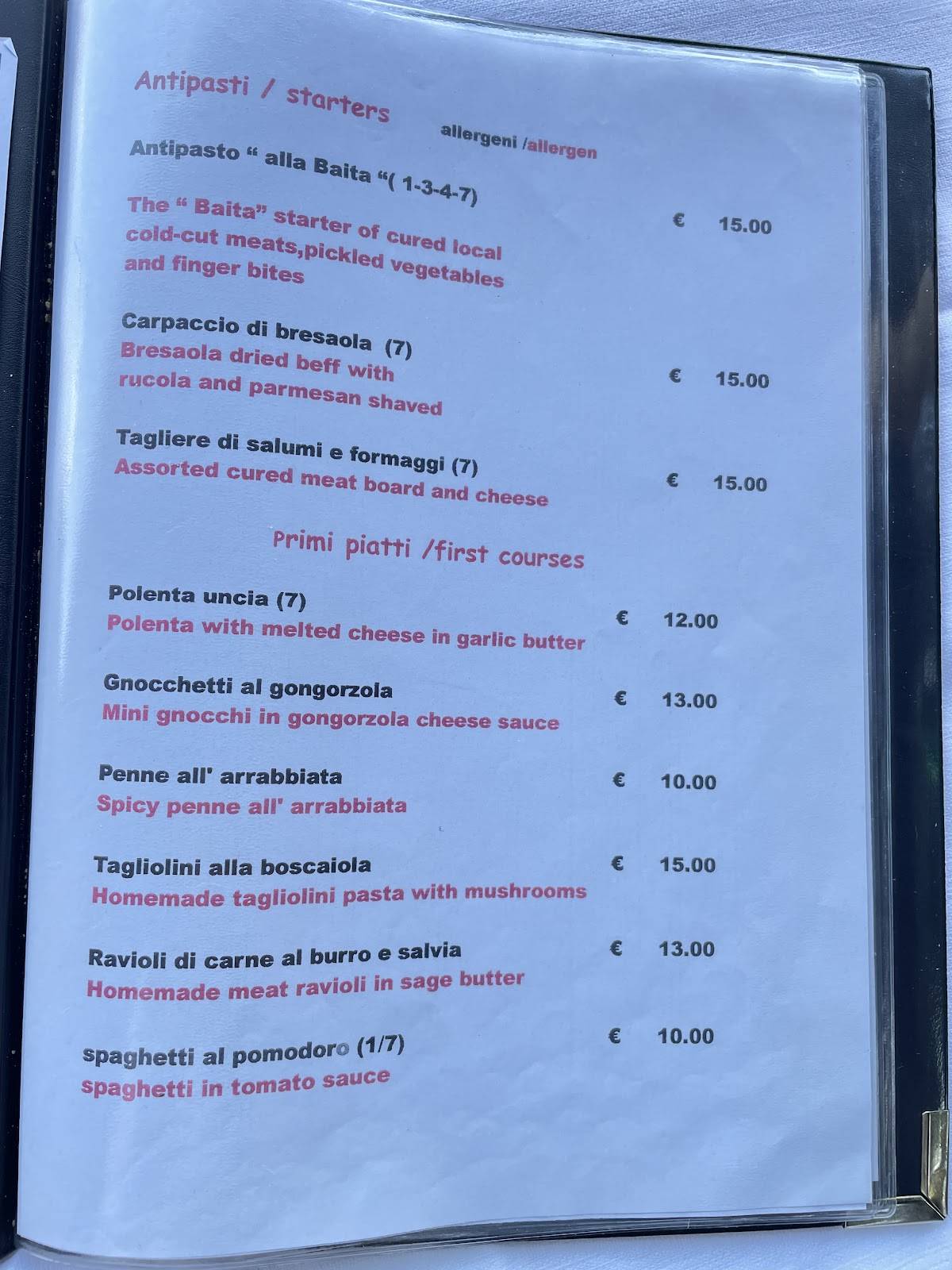 Menu di Ristorante La Baita 