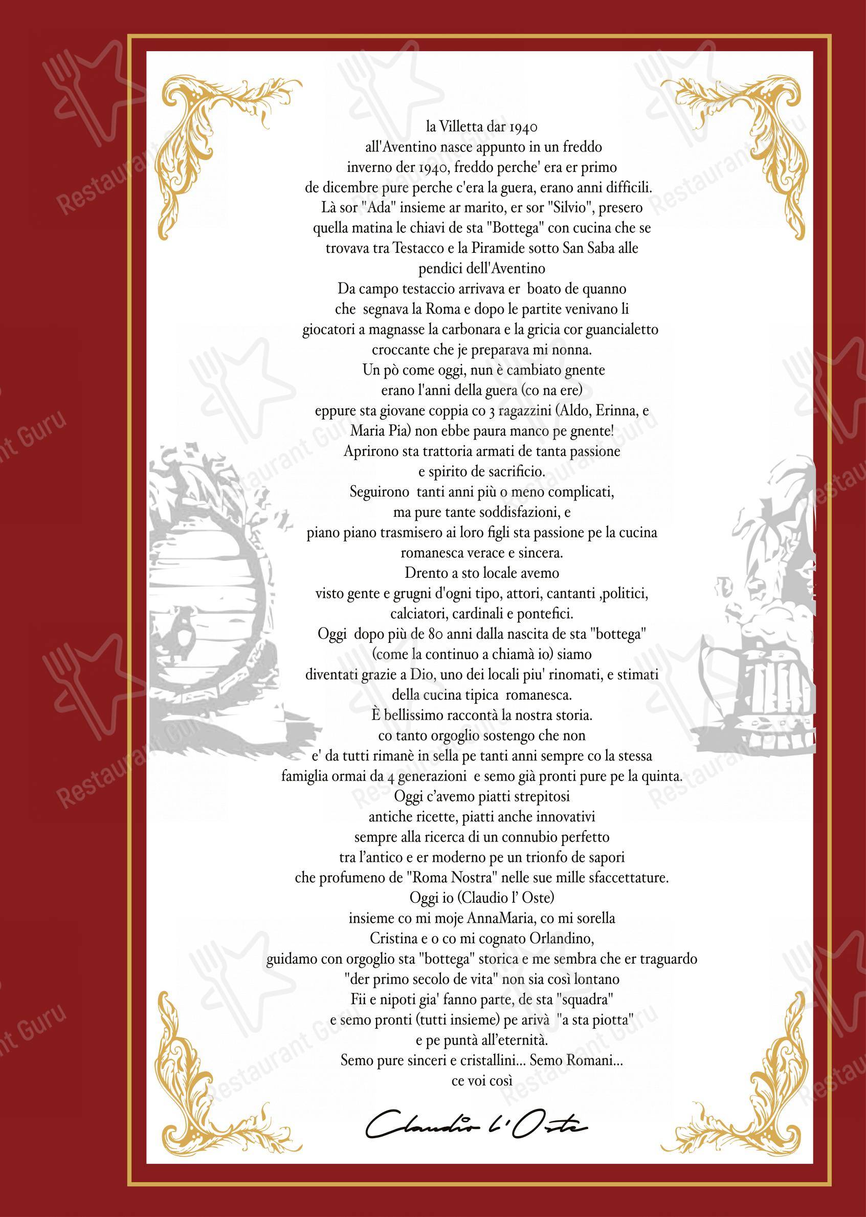 Menu di Ristorante La Villetta dal 1940 - Menu