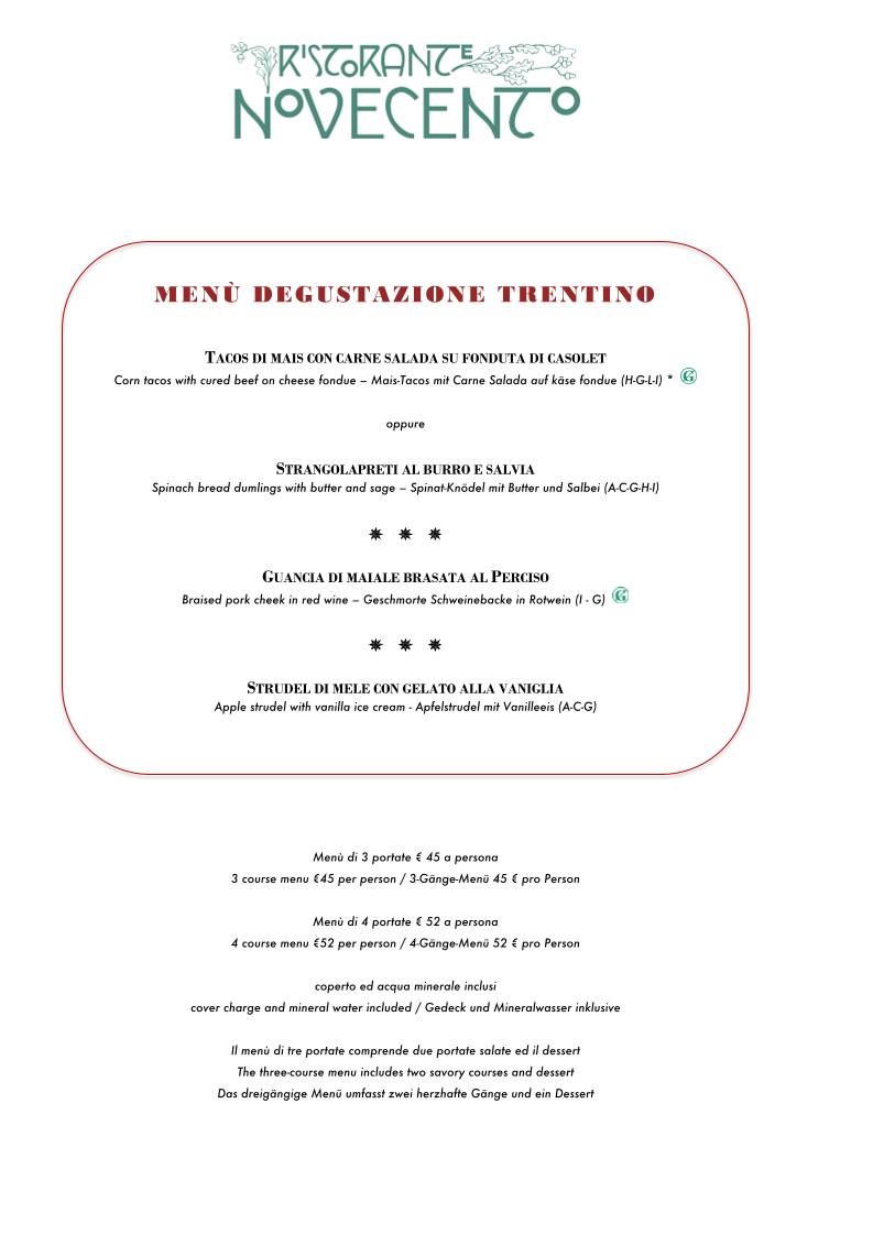 Menu di Il Ristorante Novecento Dell'Hotel Rovereto 