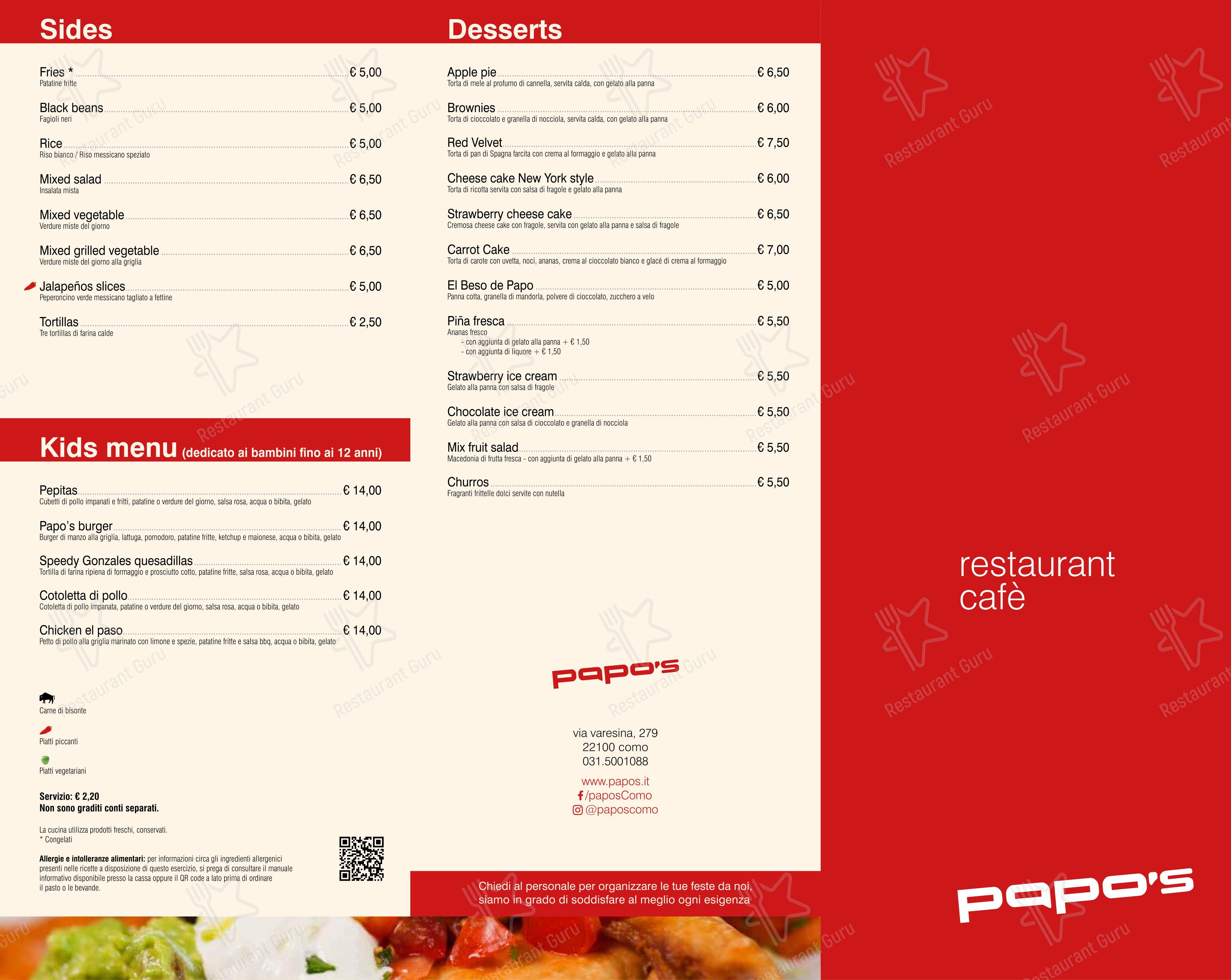 Menu per Ristorante Papo’s ristorante