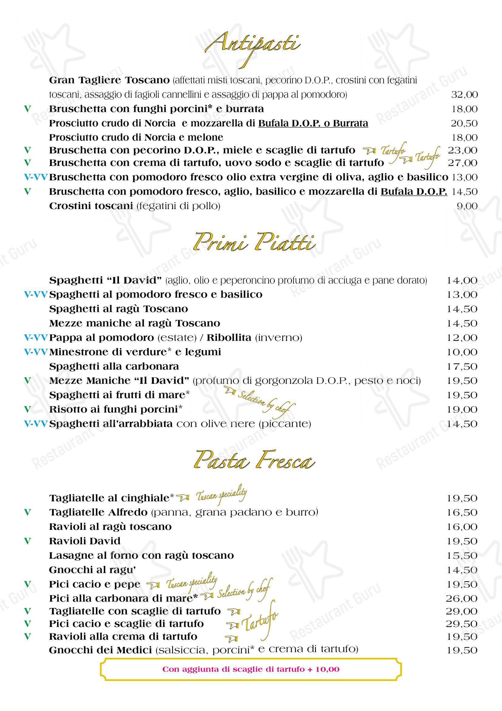 Menu di Ristorante Pizzeria Il David Firenze - Menu