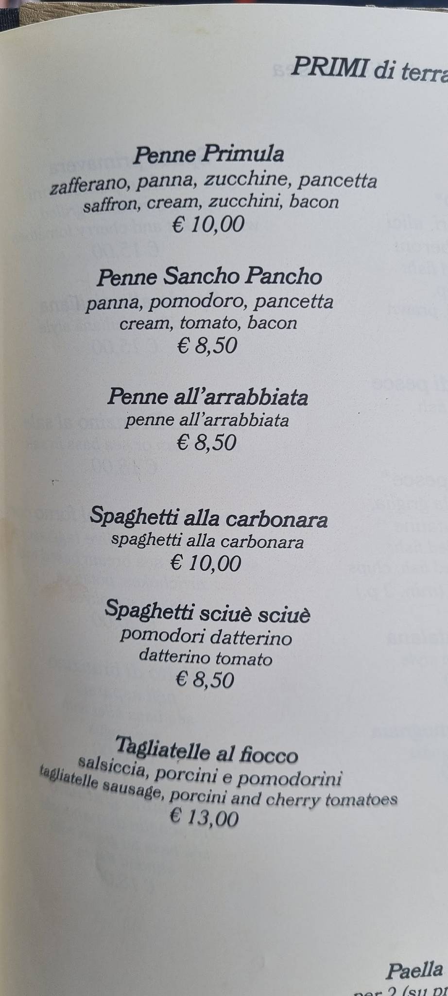 Menu di Ristorante Pizzeria La Primula 