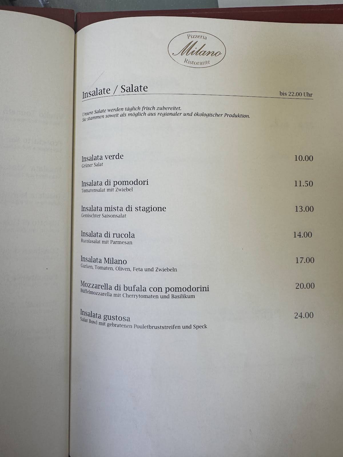 Menu di Ristorante Pizzeria Milano 