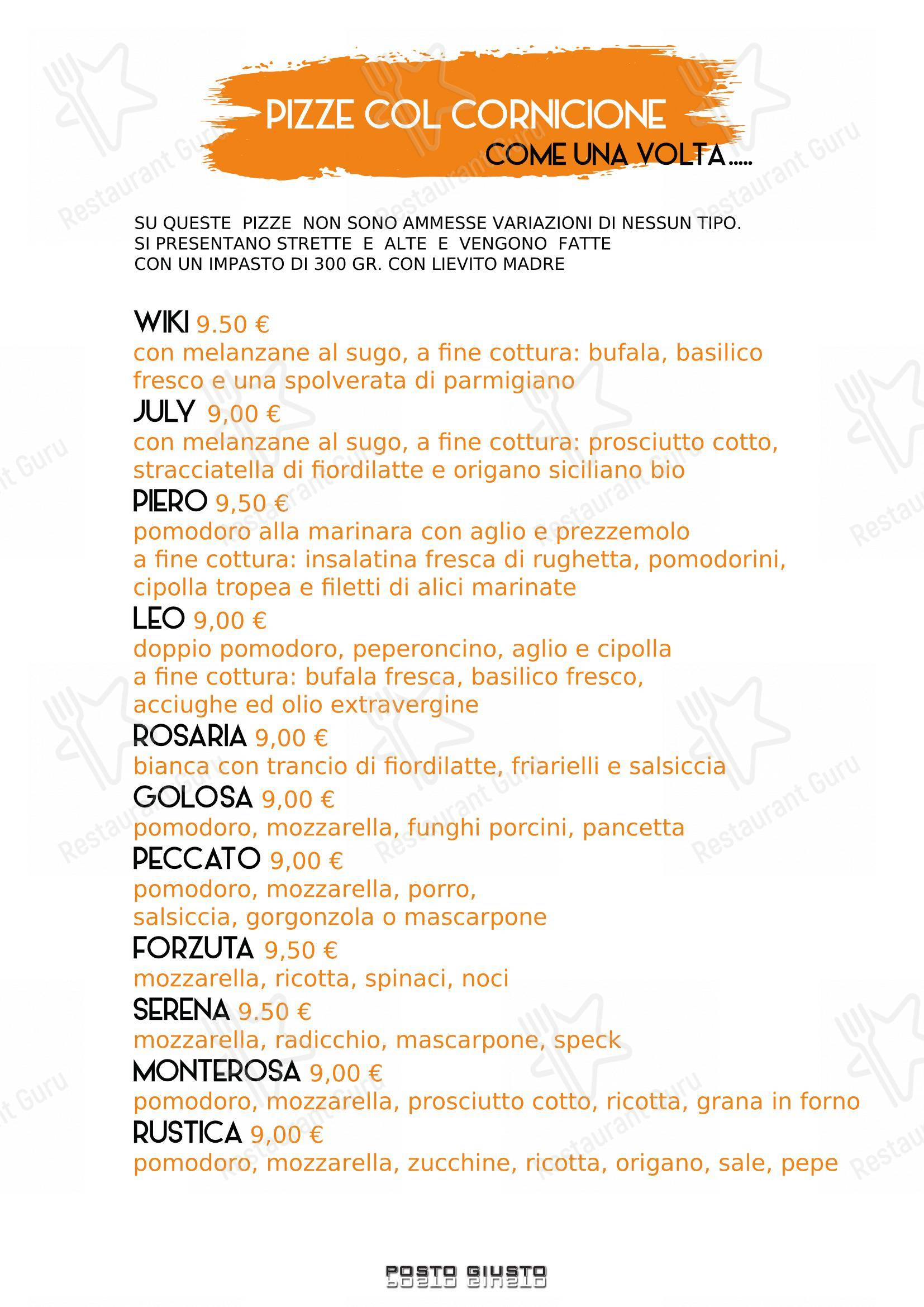 Menu di Pizzeria Posto Giusto - Menu bar
