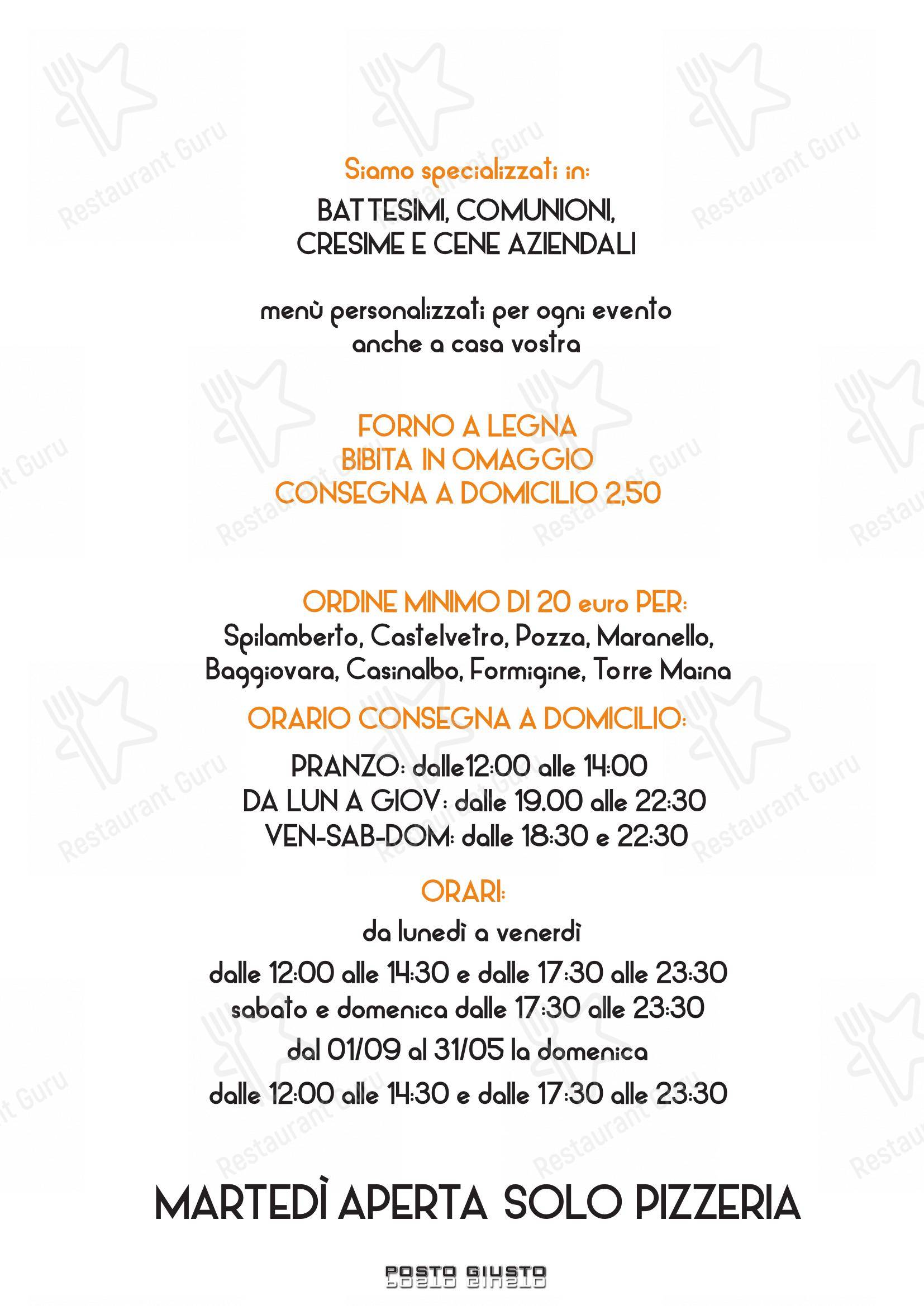 Menu bar per Pizzeria Posto Giusto pizzeria