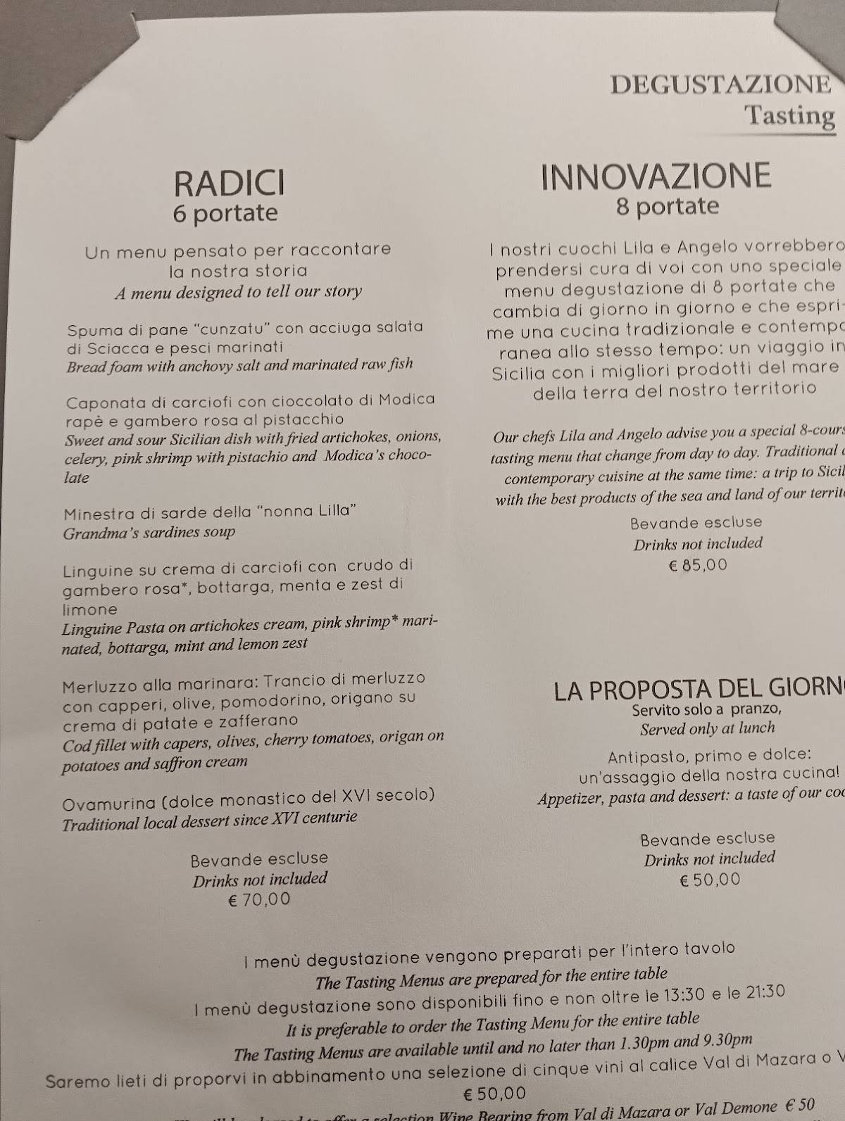 Menu di Hostaria del vicolo 