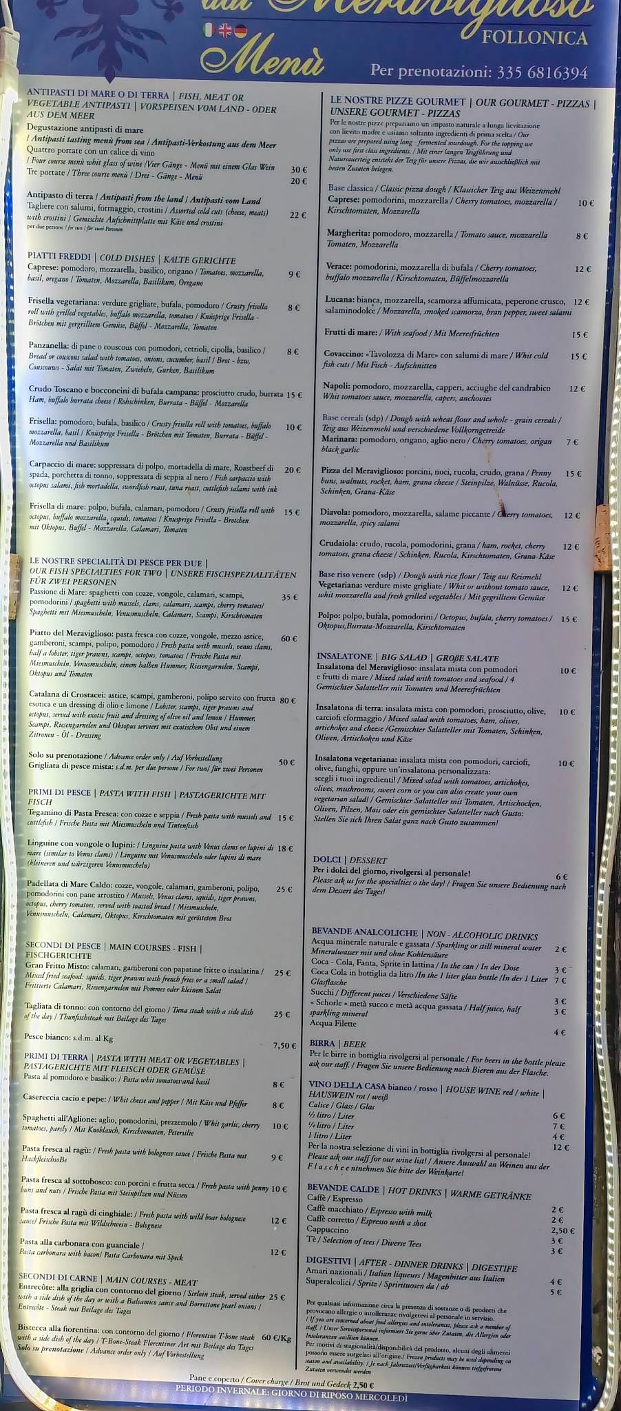 Menu di Ristorante dal Meraviglioso 