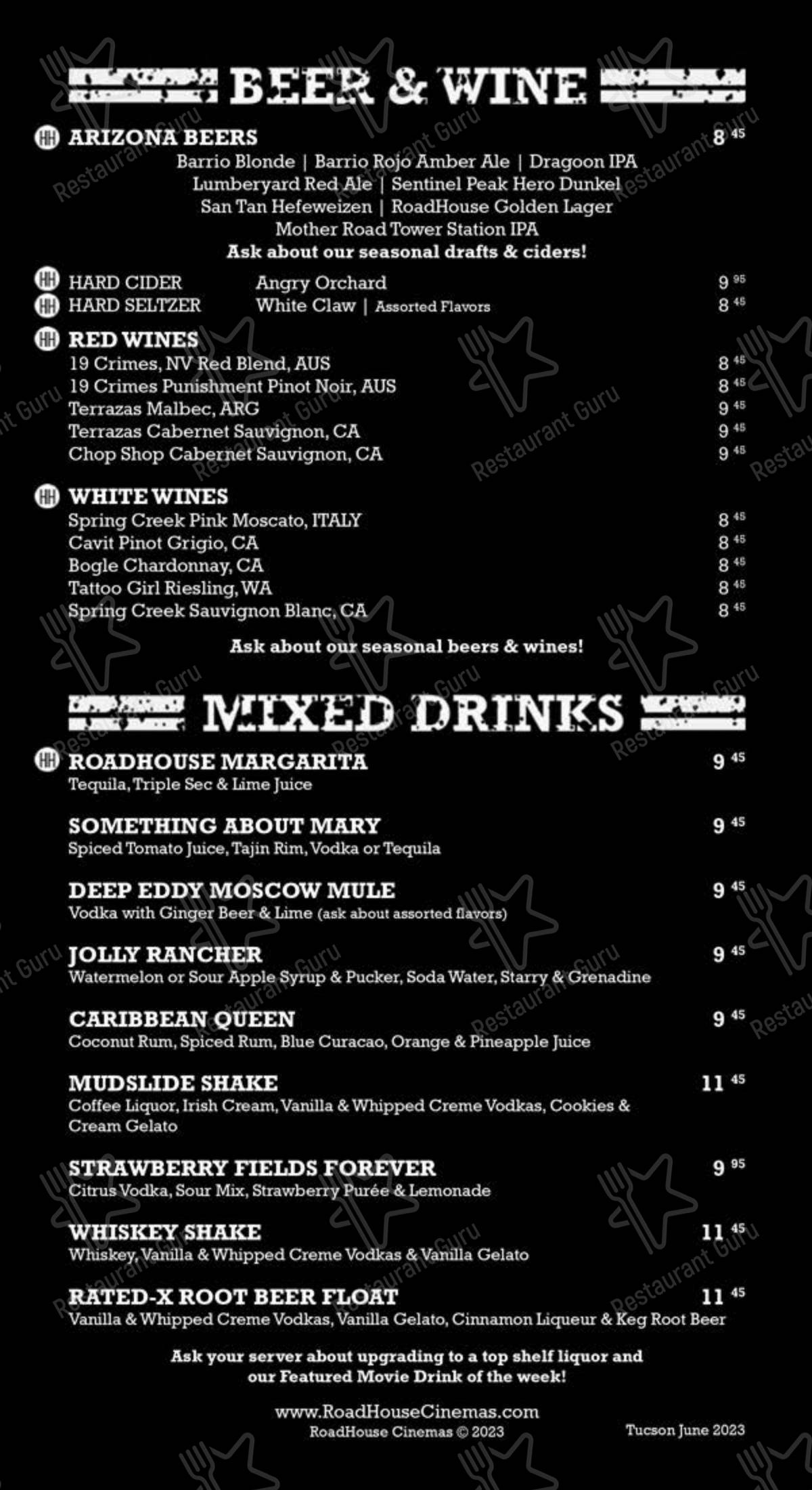 Menu at RoadHouse Cinemas pub & bar, Tucson