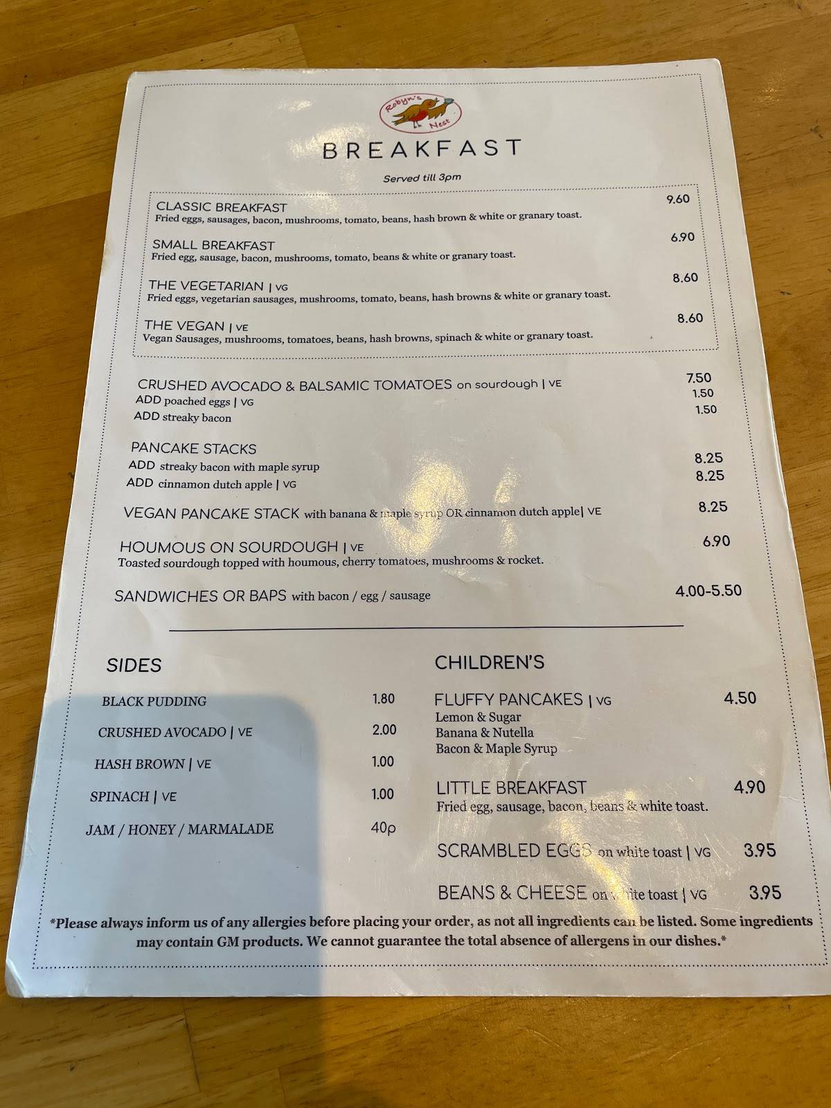 Menu at Robyn's Nest Moss End cafe, Warfield