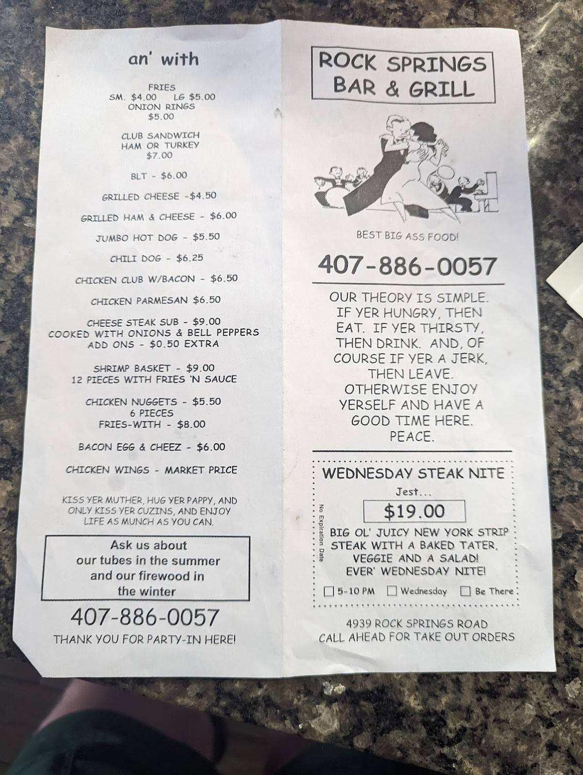 Menu at Rock Springs Bar & Grill, Apopka