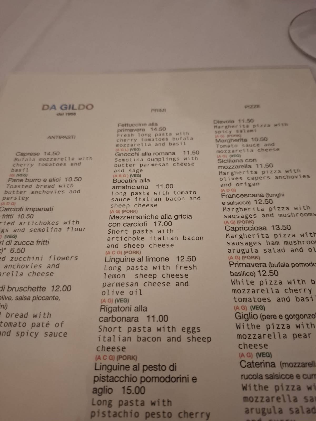 Menu di Ristorante da Gildo in Trastevere 
