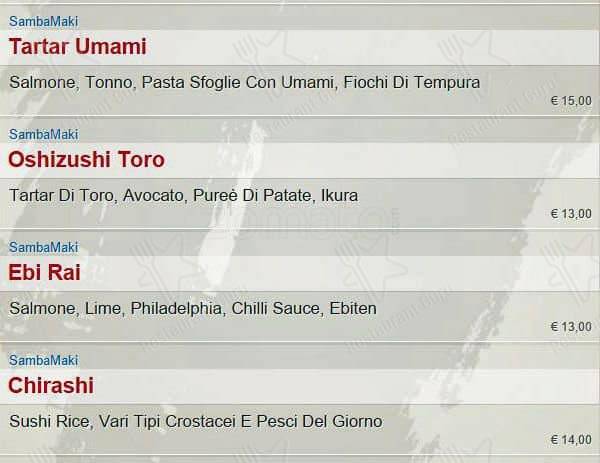 Menu di SambaMaki  Parioli 