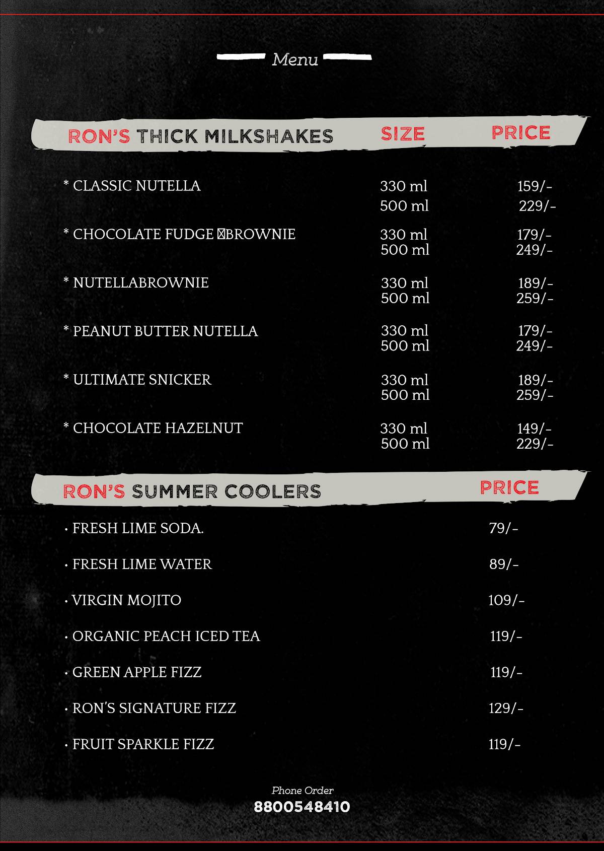 Ron's Club menu