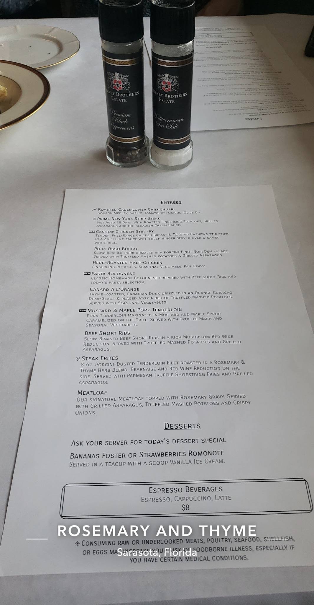 Menu at Rosemary And Thyme restaurant, Sarasota