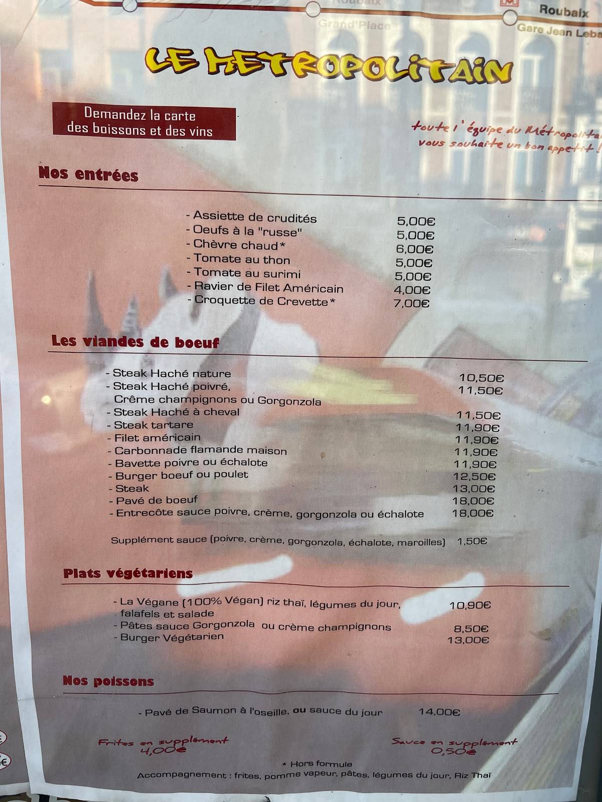 Menu de Brasserie Le Metropolitain