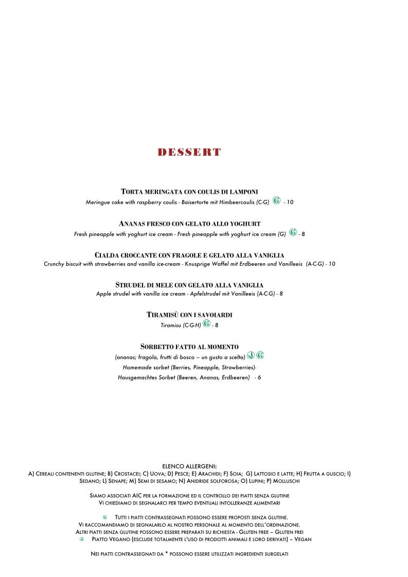 Menu di Il Ristorante Novecento Dell'Hotel Rovereto 