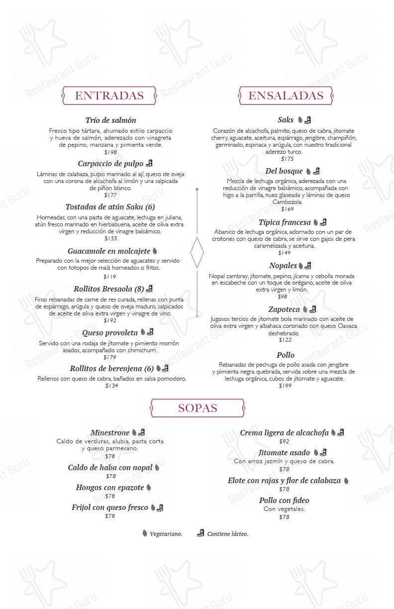 Carta Del Restaurante Saks Polanco Ciudad López Mateos Campos Eliseos