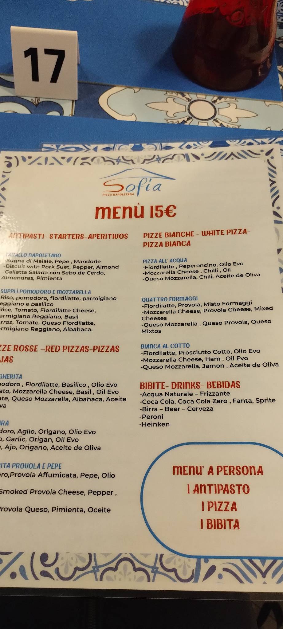 Menu di SOFIA PIZZA NAPOLETANA 