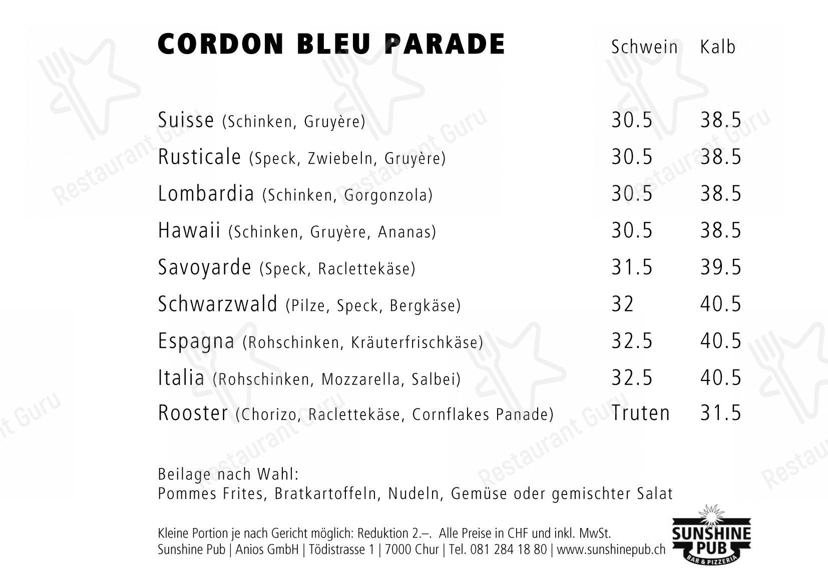 Menu per S'Pub Sunshine Pub in Coira