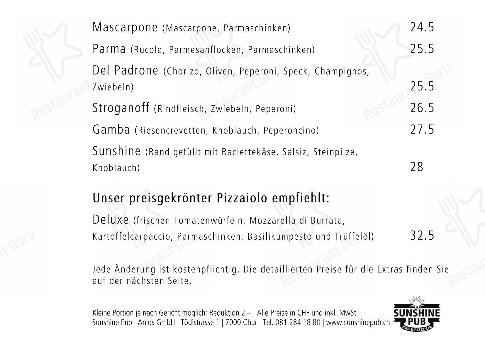 Menu per S'Pub Sunshine Pub in Coira
