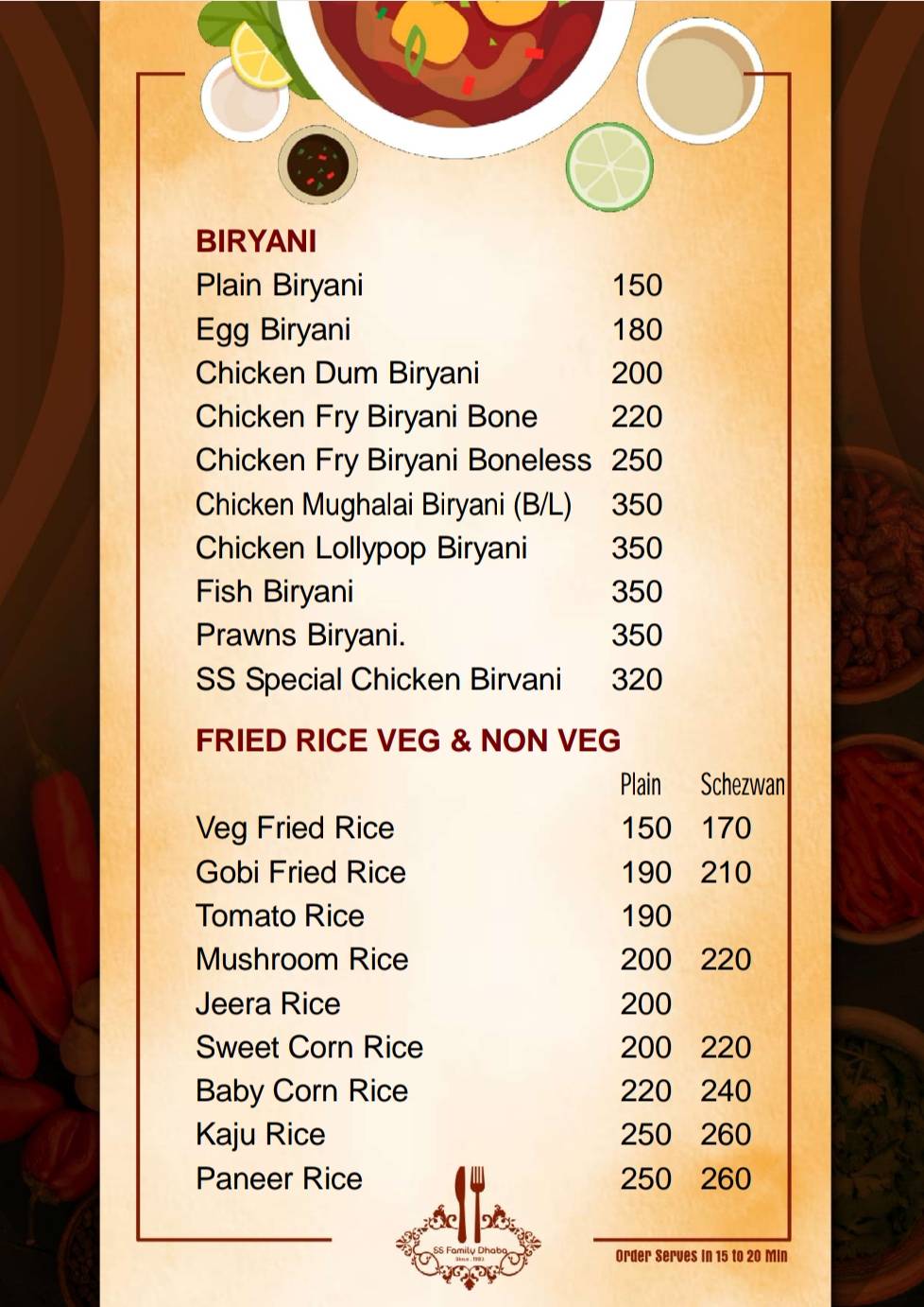 SS FAMILY DHABA menu