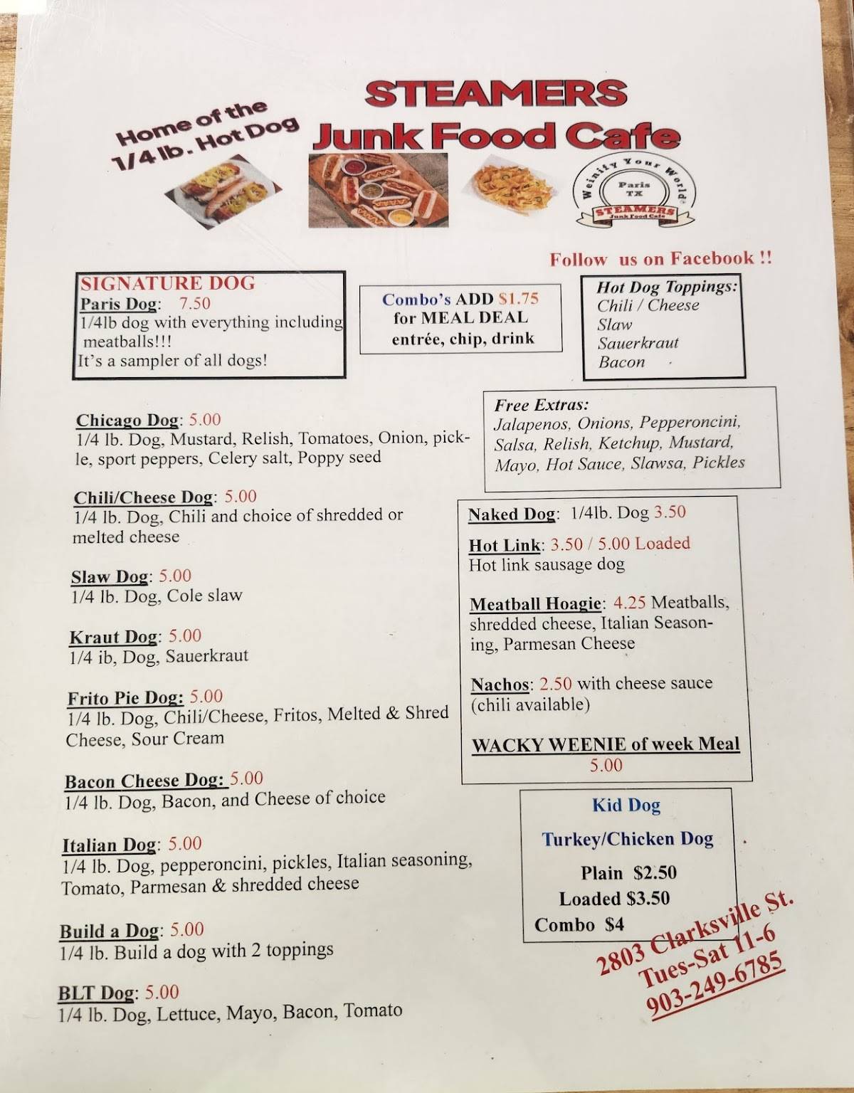 Menu at STEAMERS Junk Food Cafe, Paris