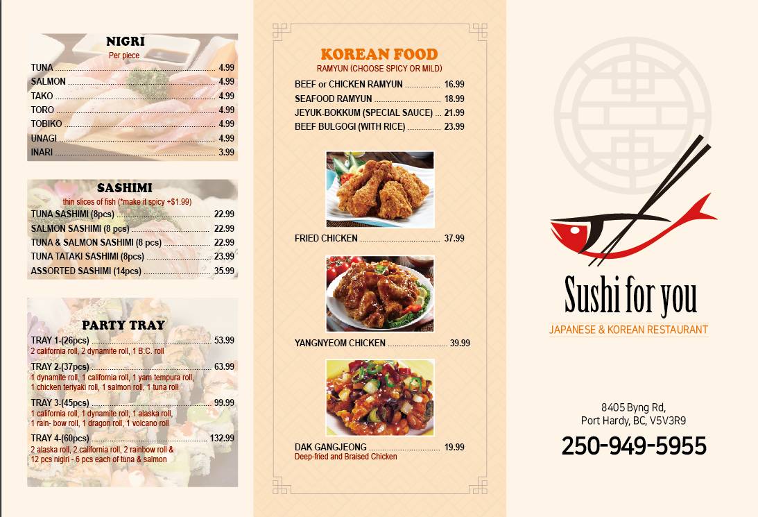 Menu at SUSHI & CHICKEN FOR YOU restaurant, Port Hardy