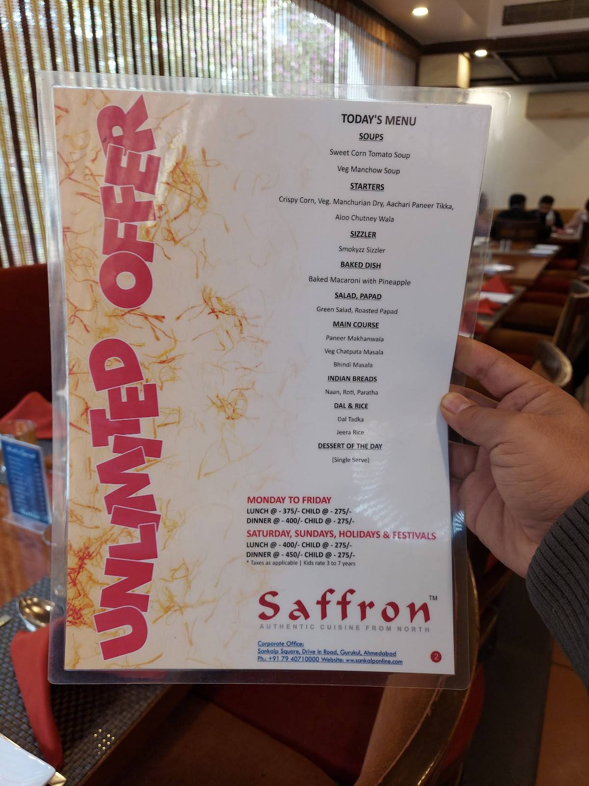 Menu at Saffron Restaurant, Ahmedabad, 1st Floor